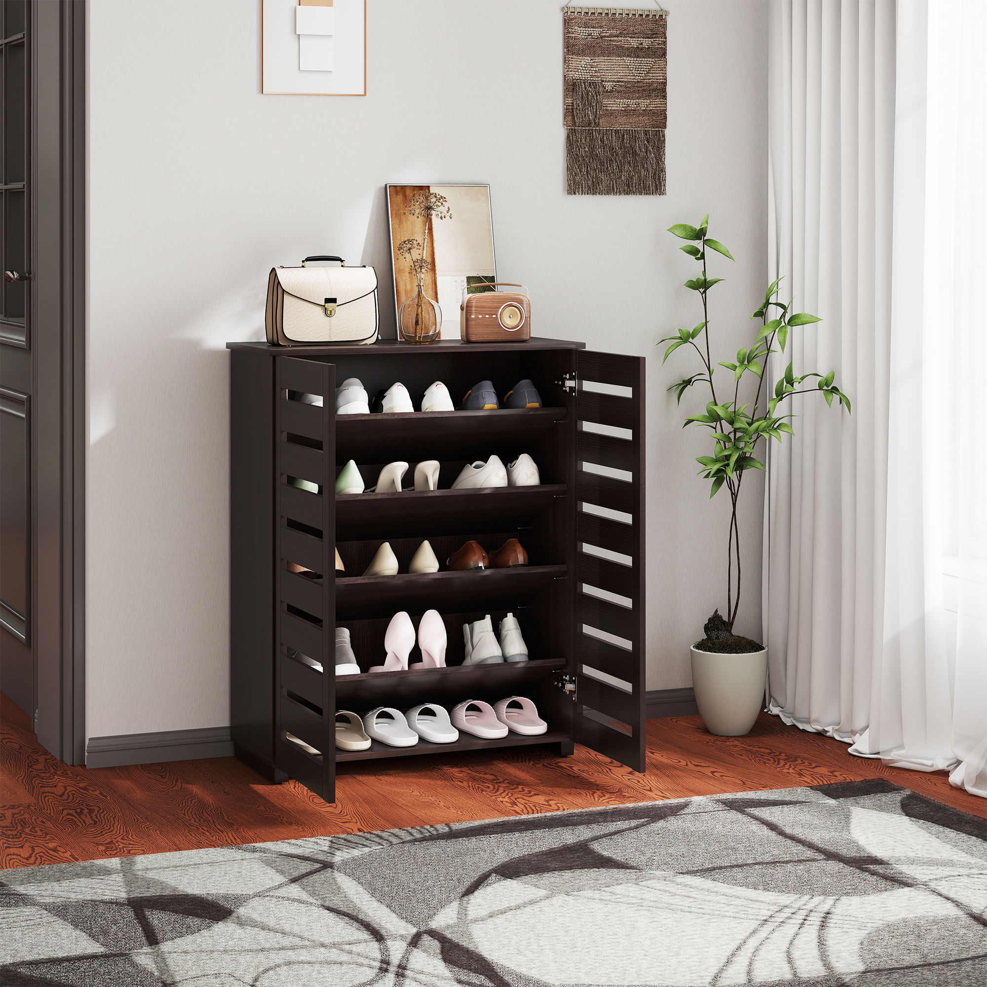 HOMCOM Shoe Cabinet with 2 Slatted Doors 5-Tier Shelving Cupboard for 15 Pairs of Shoes Entryway Storage Unit Dark Brown Aosom Canada