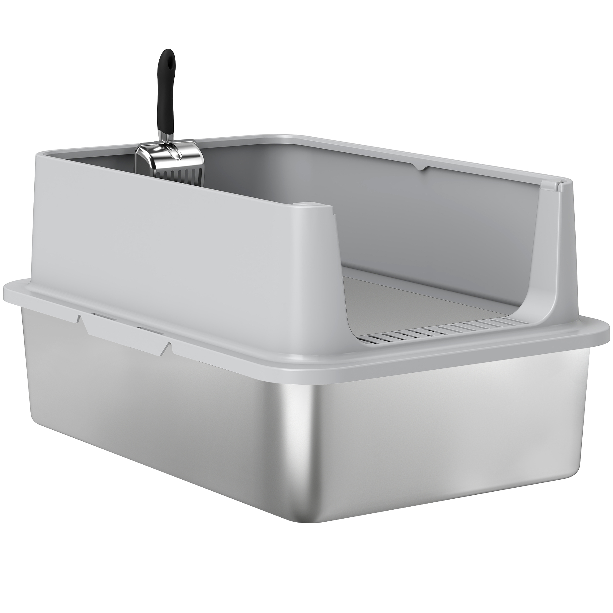 Scoop, XL Stainless Steel Feline Litter Container for Big and Multiple Cats with High Wall Mount Side, Easy Cleaning & Odor Free 1
