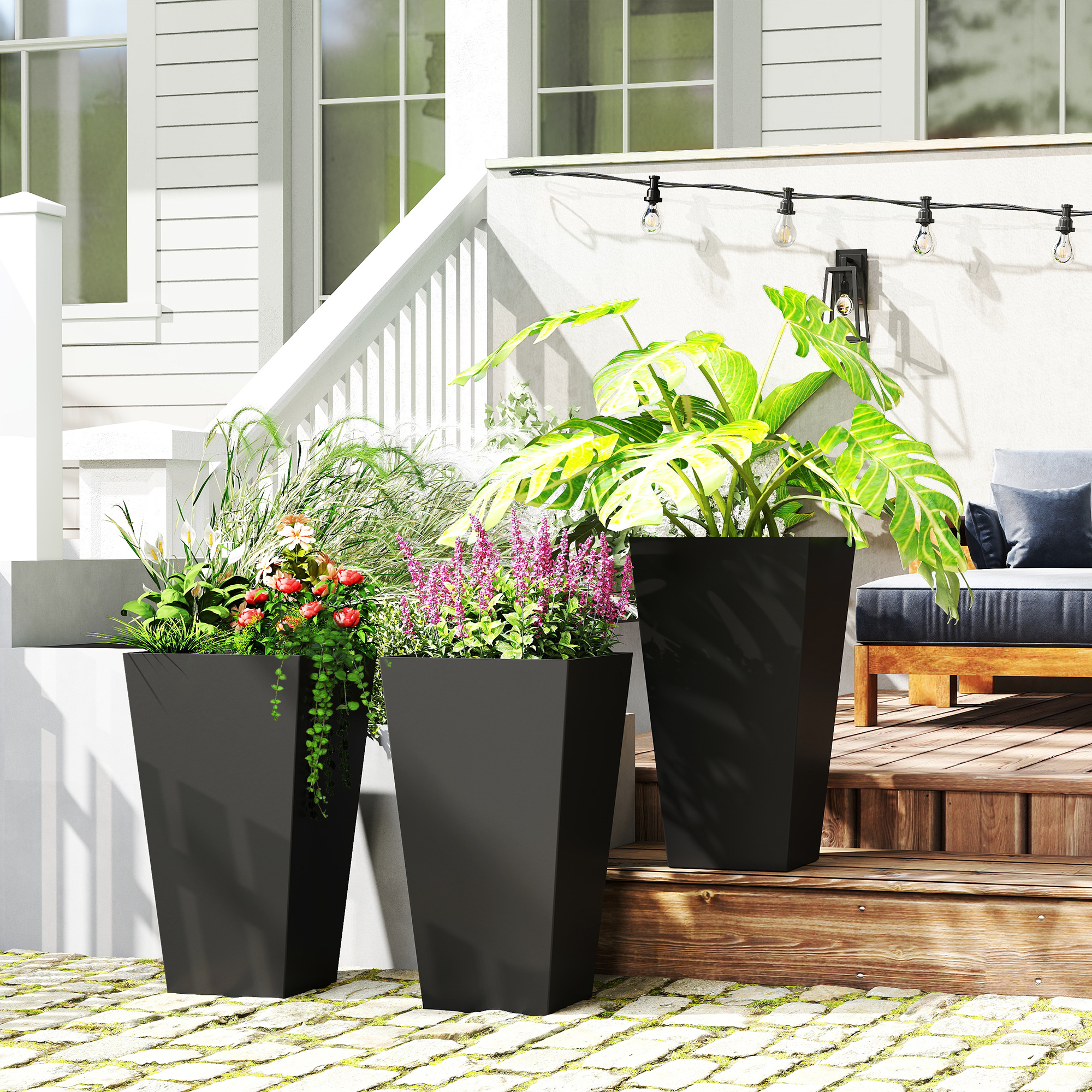 Outsunny Tall Plastic Planters 28 Inch 3-Pack Large Outdoor Indoor Garden Flower Pots for Entryway Patio Yard Black