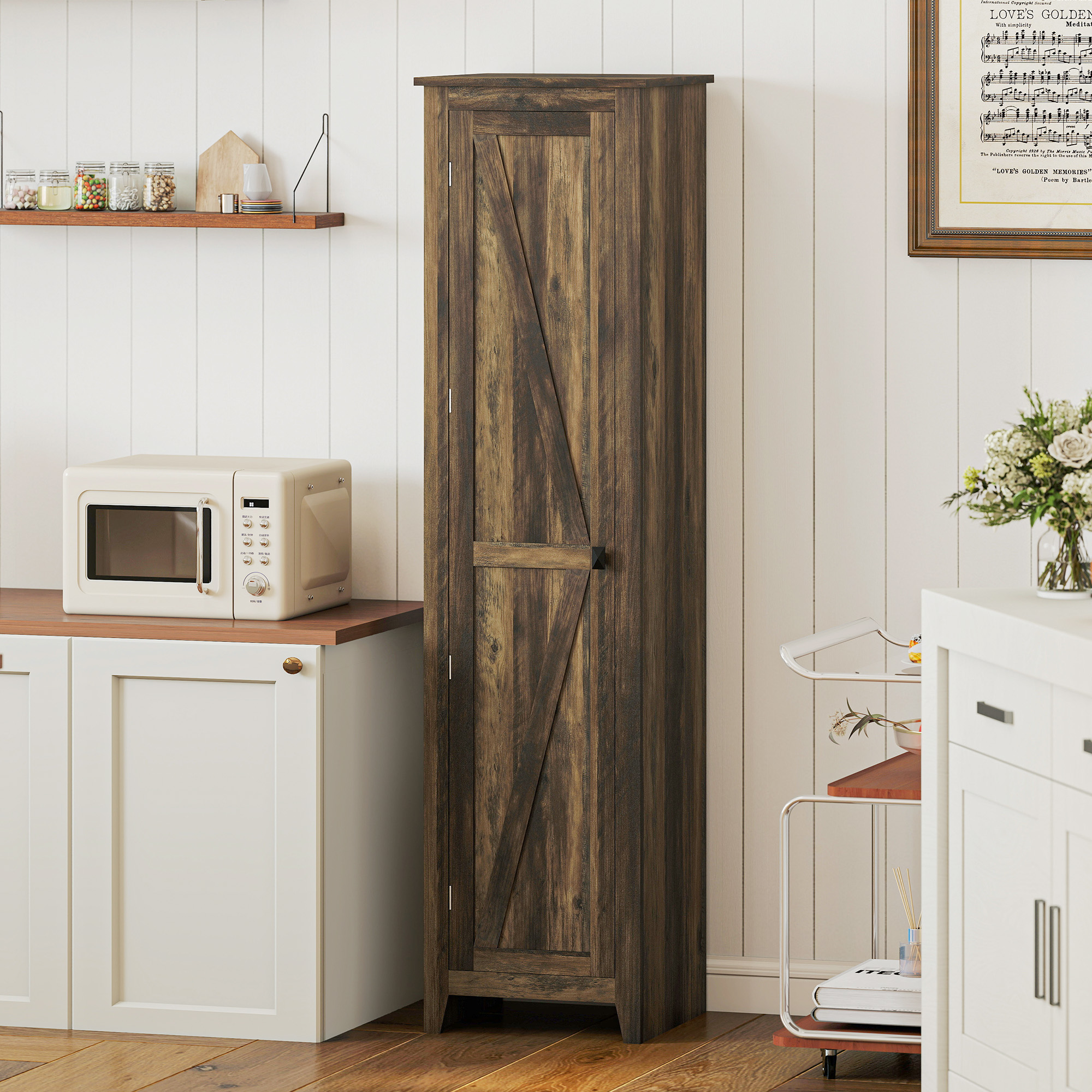 HOMCOM Farmhouse Kitchen Pantry Cabinet with Barn Door, 5-Tier Storage Rack with Adjustable Shelves, Narrow Tall Organizer Unit Aosom Canada