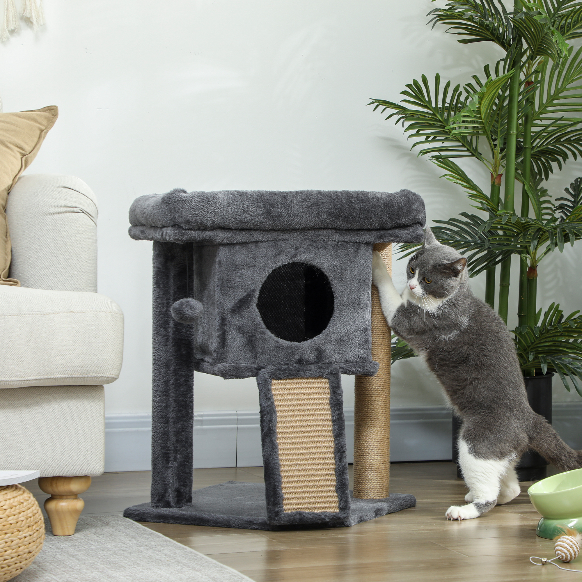 PawHut Cat Tree, Small Cat Tower with Perch, Scratching Post, Cat Condo, Toy Ball for Kitty, Indoor Use, Dark Grey Aosom Canada