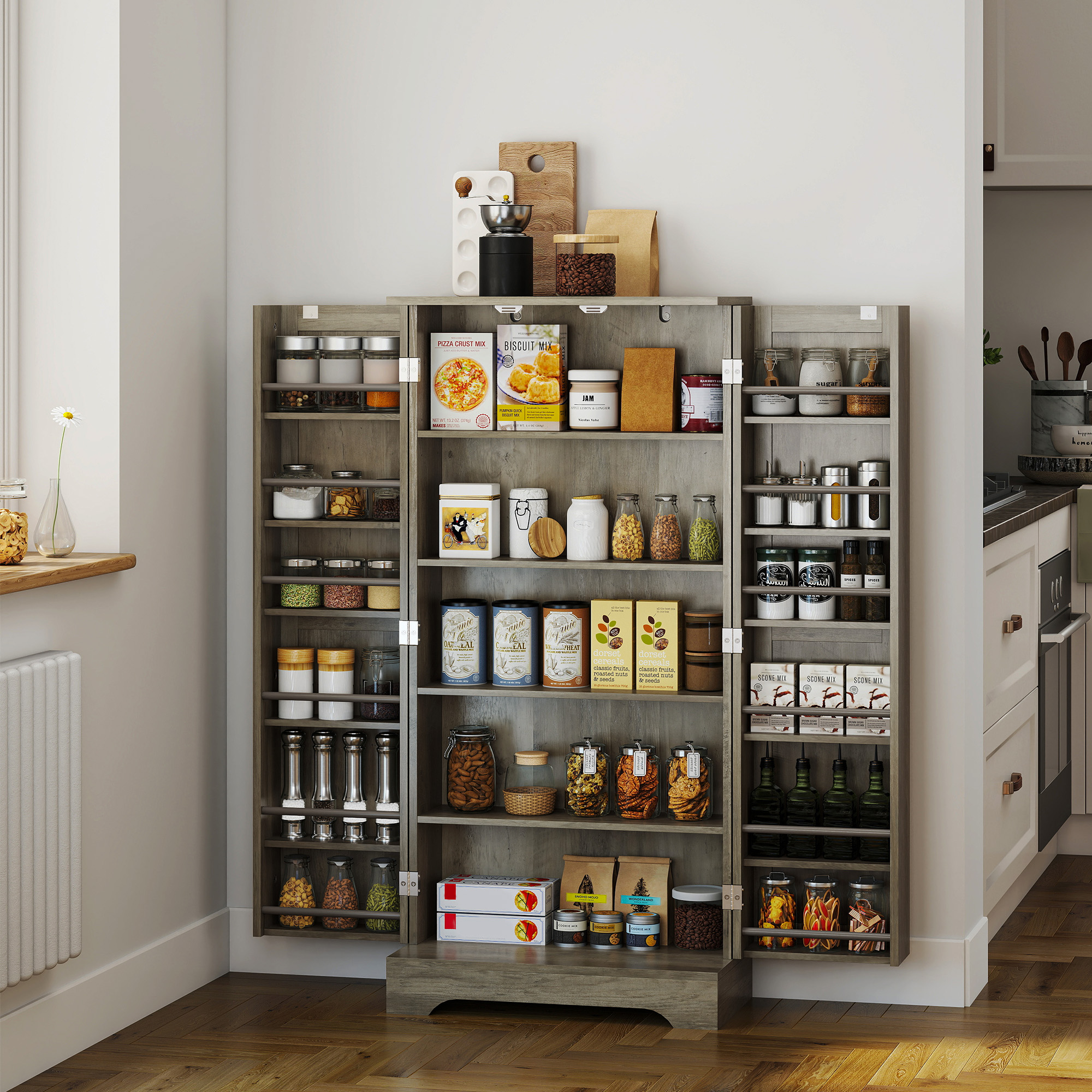 HOMCOM 50" Pantry Storage Cabinet, Farmhouse Kitchen Pantry Cabinet with Doors, Adjustable Shelves, Distressed Grey Aosom Canada