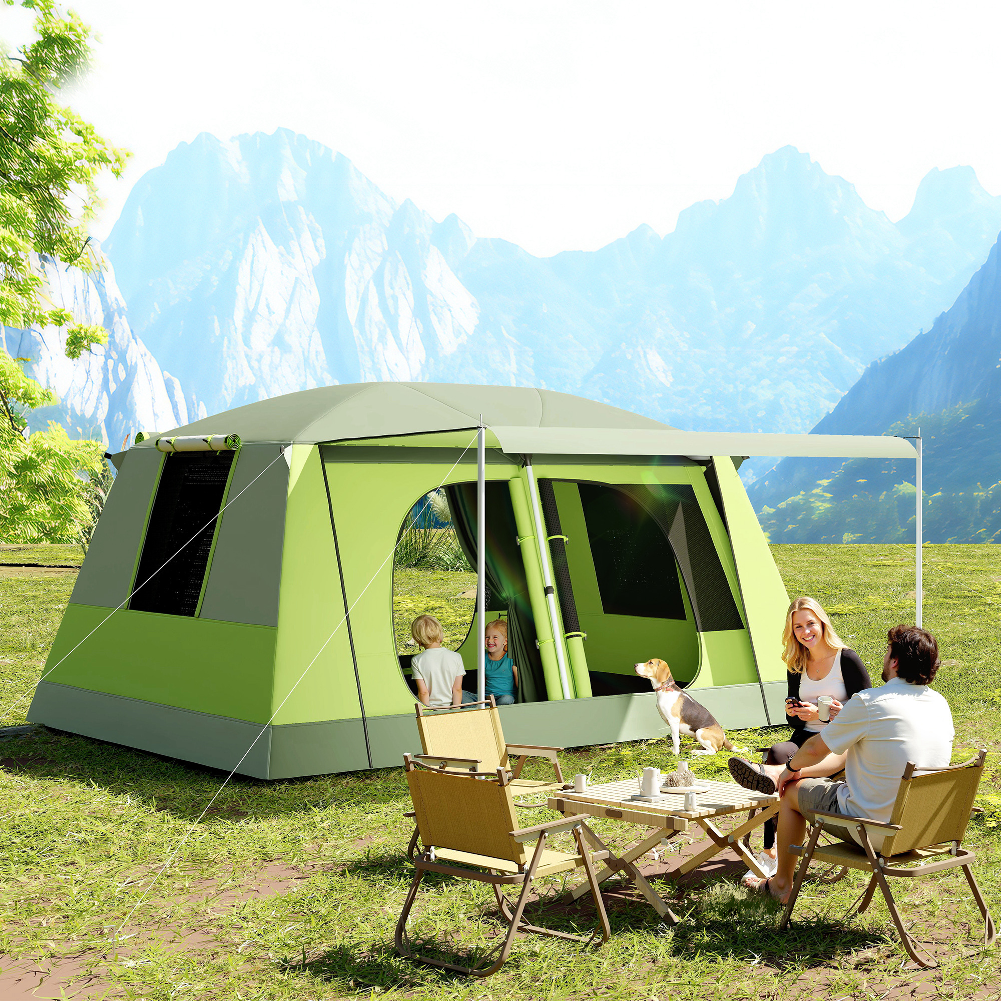 ●THA UNDA Outsunny Tunnel Tent Camping Shelter w/ Porch, Two Rooms