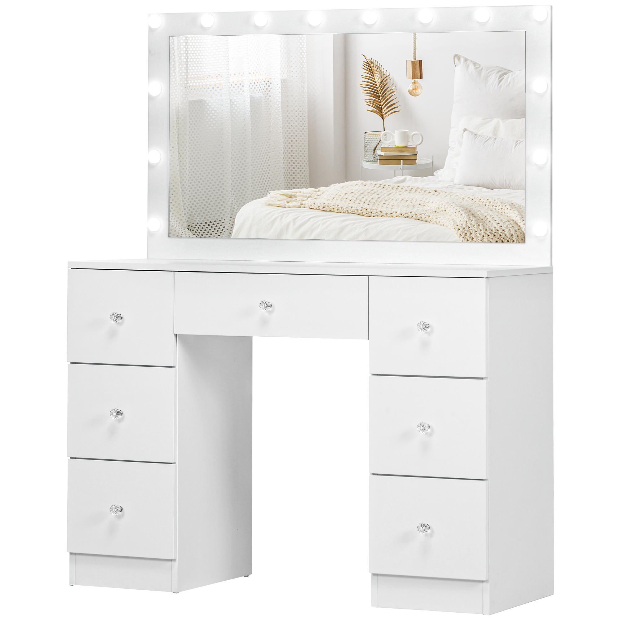 Dressing Surface with Reflective Glass and Lights, Makeup Dressing Surface, Modern Makeup Surface with 7 Drawers and 10 LED Lights, White 1