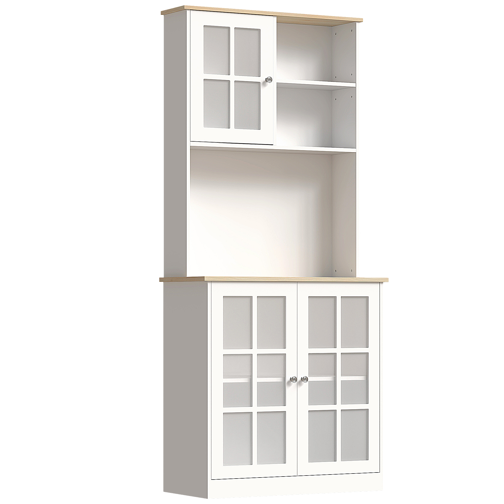 HOMCOM Kitchen Pantry Cabinet, 72" Freestanding Storage Cabinet with Hutch, Large Countertop, Glass Doors and Adjustable Shelves, Microwave Cabinet, C