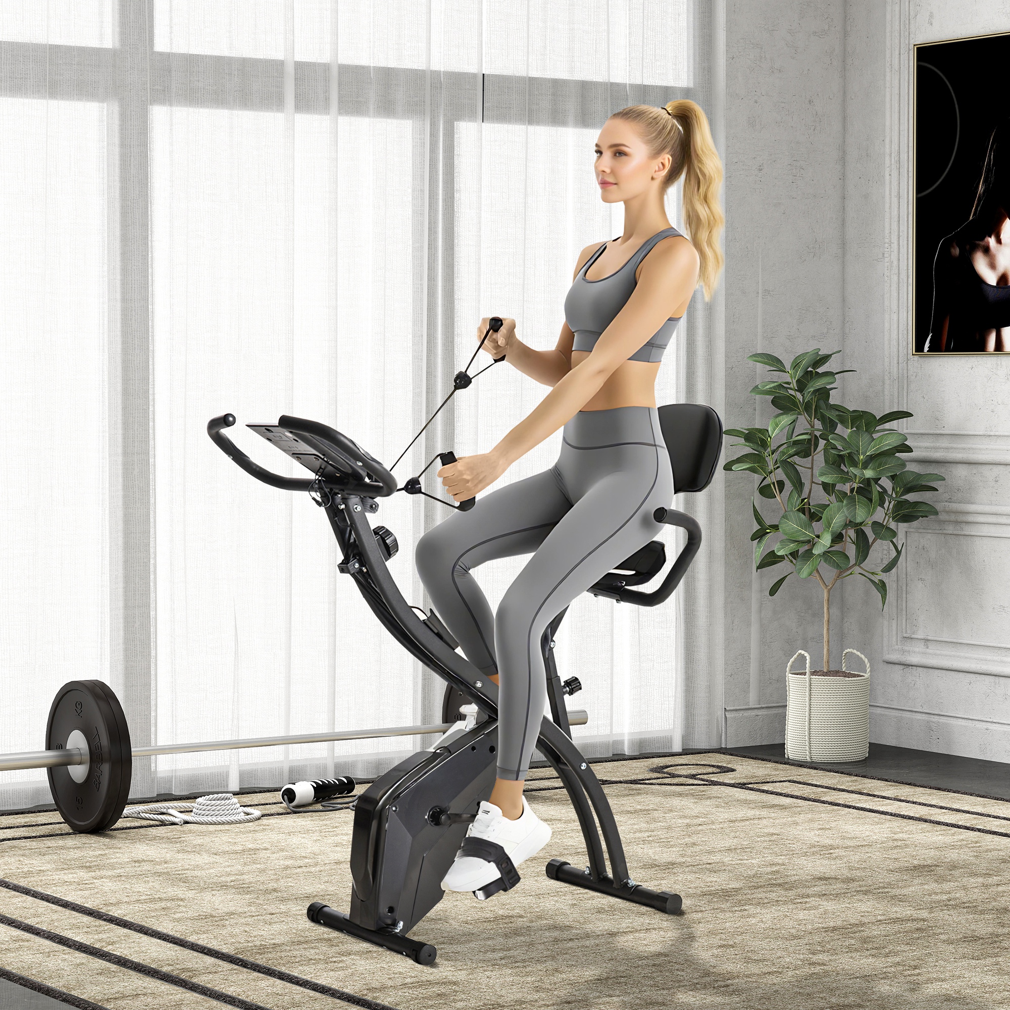 Soozier 2 in 1 Upright Exercise Bike Stationary Foldable Magnetic Recumbent Cycling with Arm Resistance Bands Black | Aosom Canada