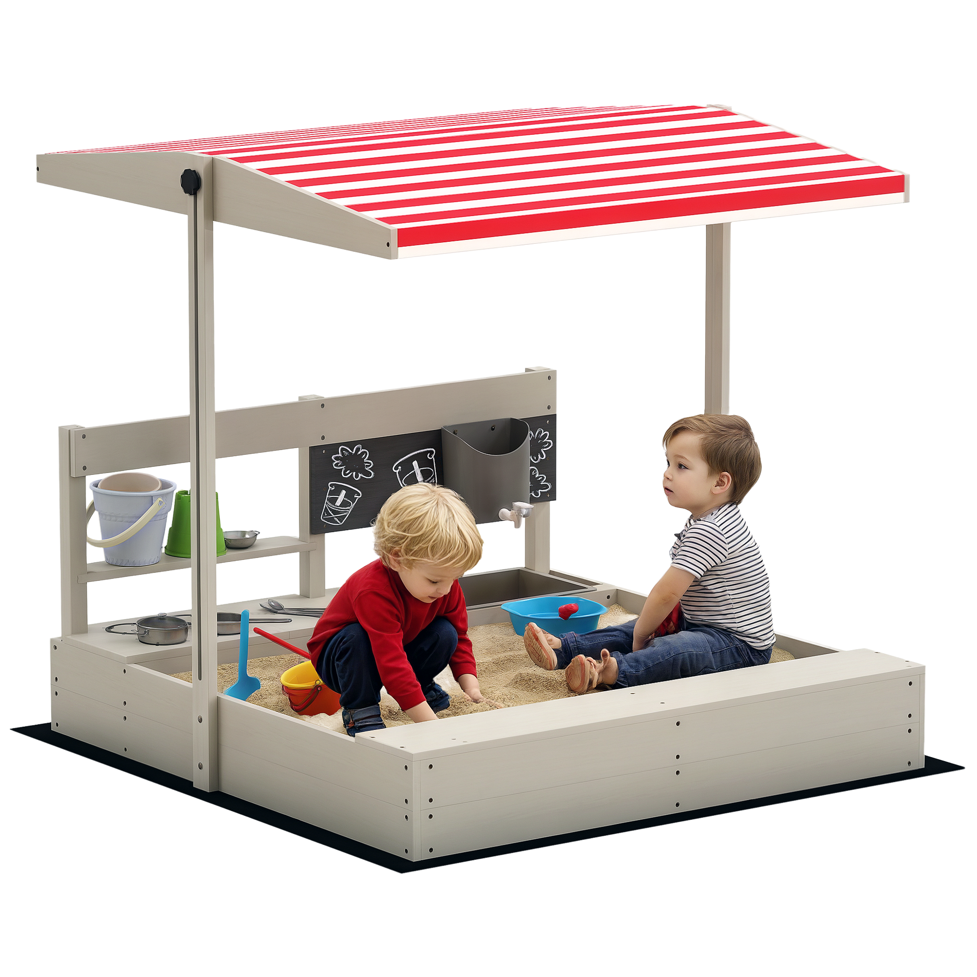 Outsunny Kids Sandbox with Height Adjustable Canopy, Wooden Sandbox Backyard Toy with Kitchen Playset Accessories, Outdoor Activity Gift for Girls and