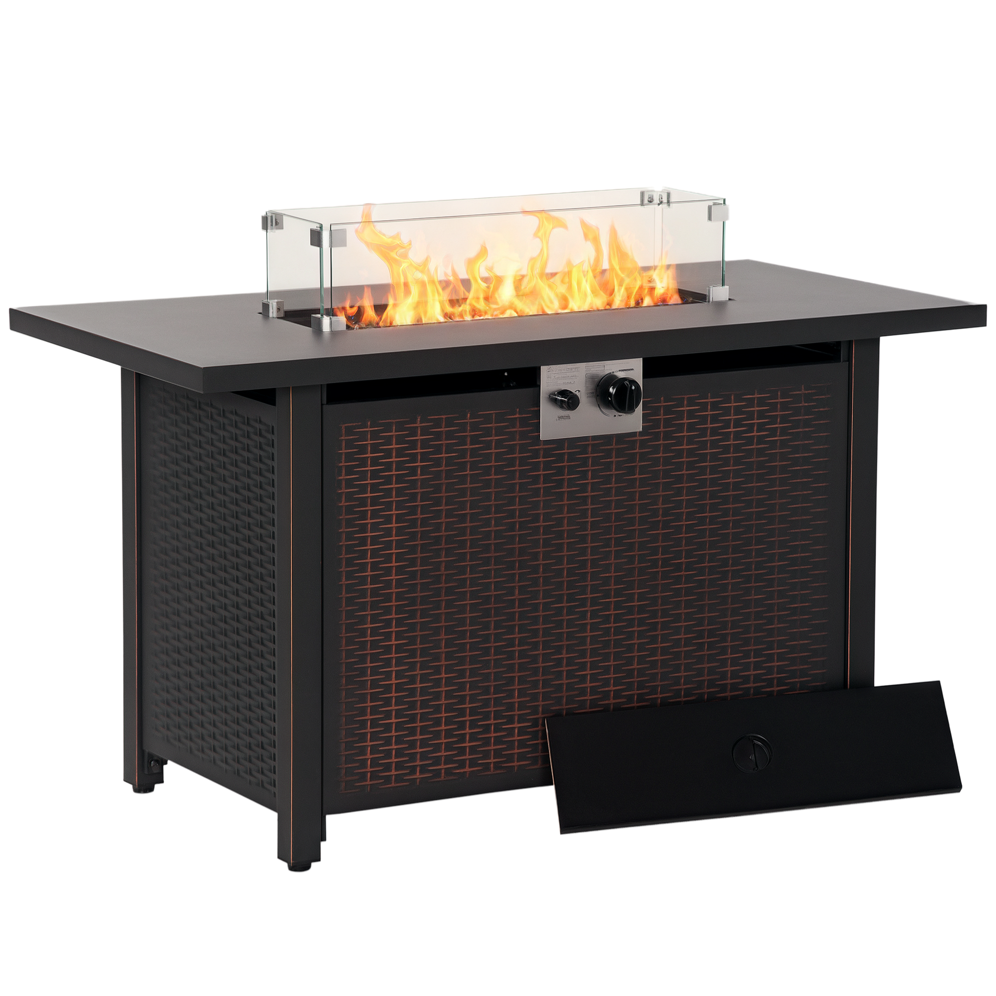 Outsunny 43 Inch Outdoor Propane Gas Fire Pit Table, 50,000 BTU Auto-Ignition Rectangular Wicker-effect Gas Firepit with Glass Wind Guard, Lid, Glass 