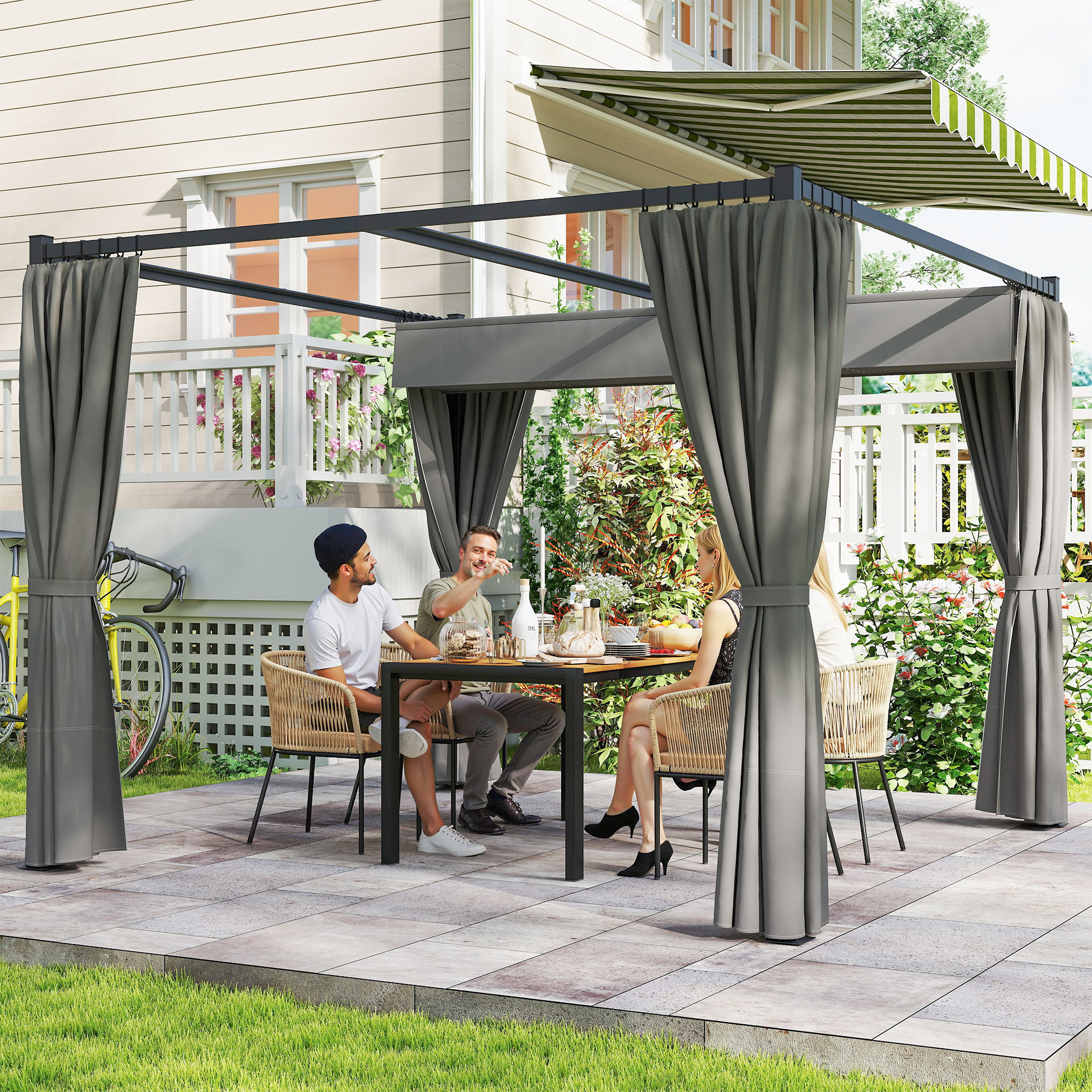 Outsunny 10' x 10' Retractable Pergola, Garden Gazebo Shelter with Curtains, for Grill, Patio, Deck, Light Grey Aosom Canada