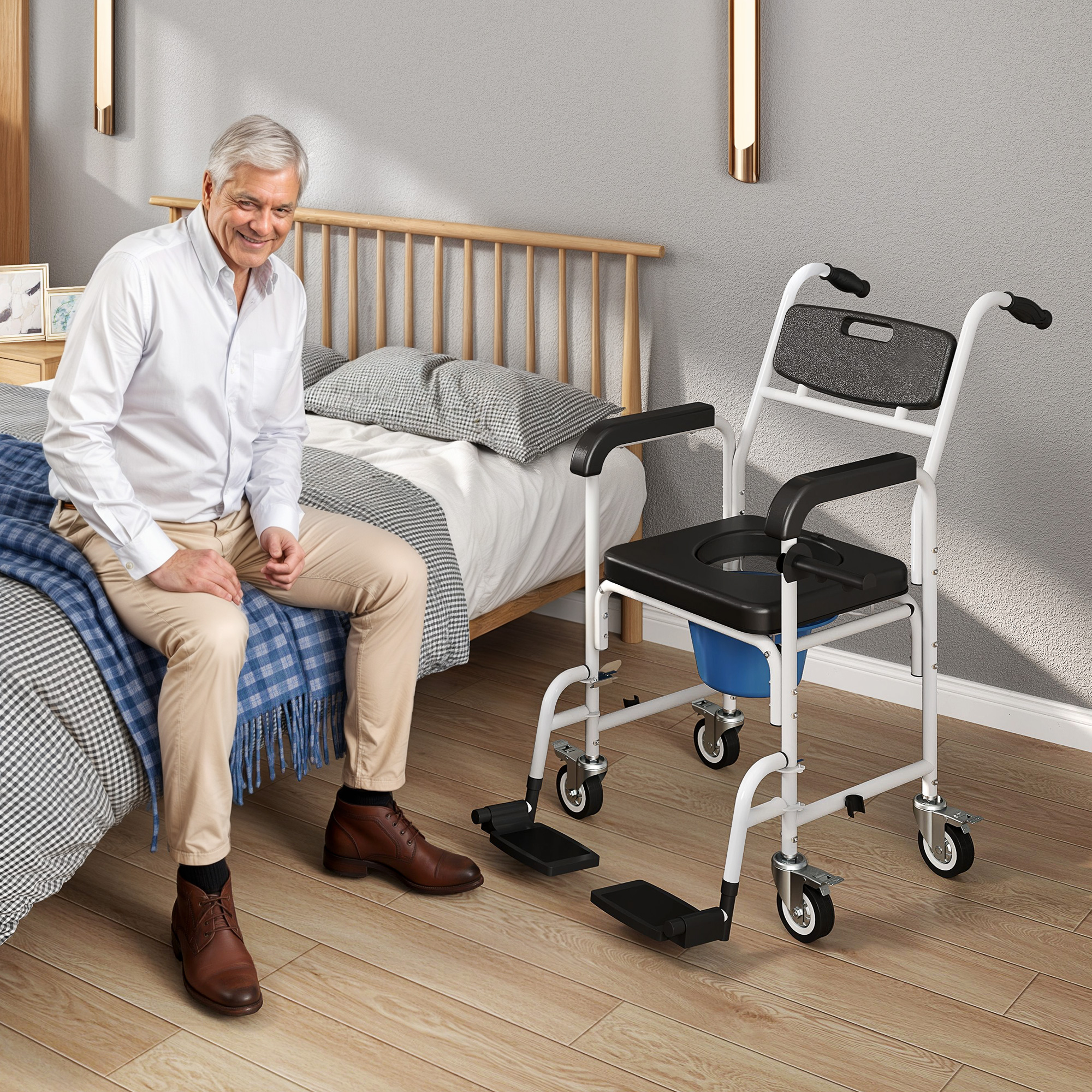 HOMCOM Rolling Shower Wheelchair for Seniors, Bedside Commode Chair with Locking Wheels, Seat, Backrest, Arms, Black Aosom Canada