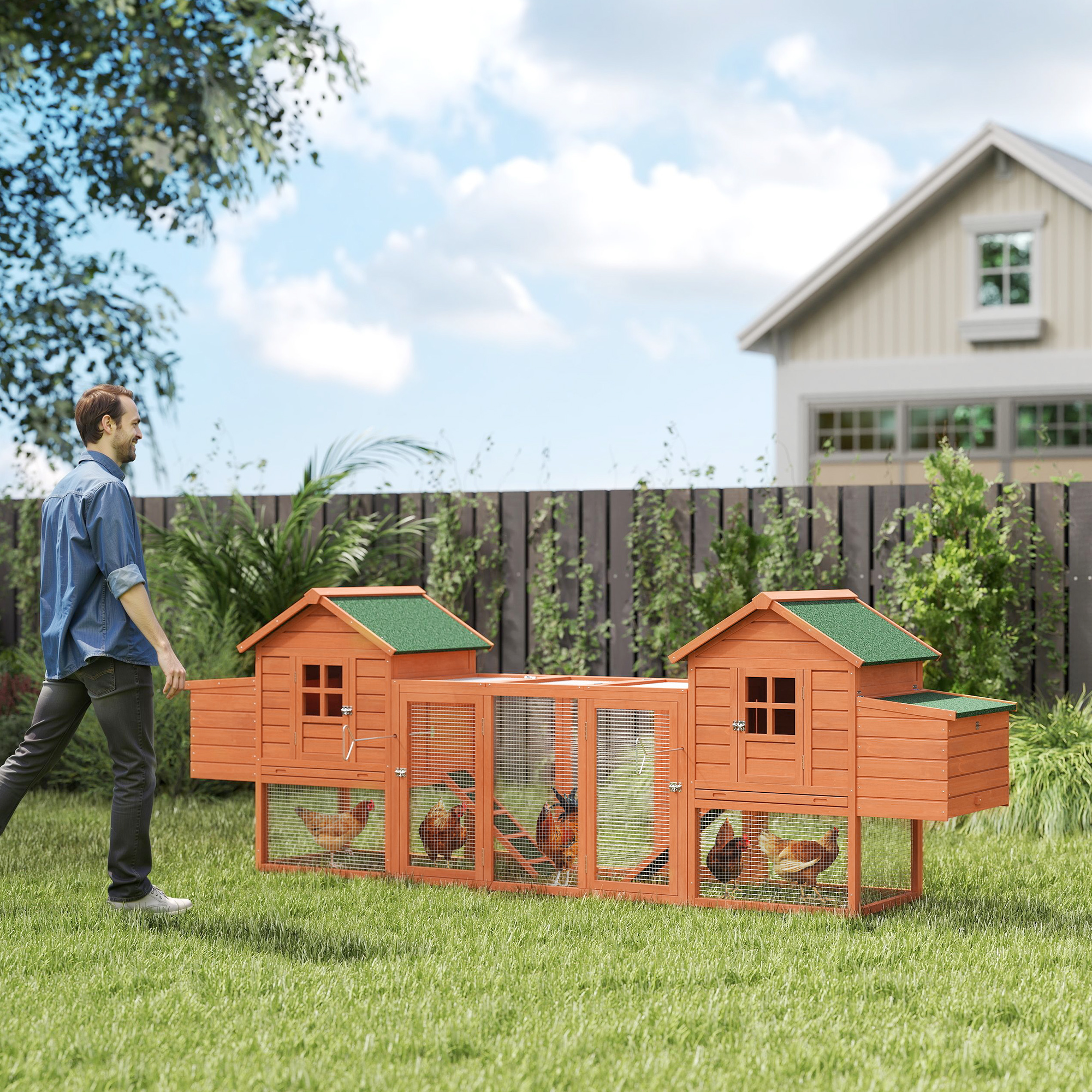PawHut 123" Dual Chicken Coop Wooden Large Chicken House Rabbit Hutch Hen Poultry Cage Backyard with Outdoor Ramps and Nesting Boxes Aosom Canada