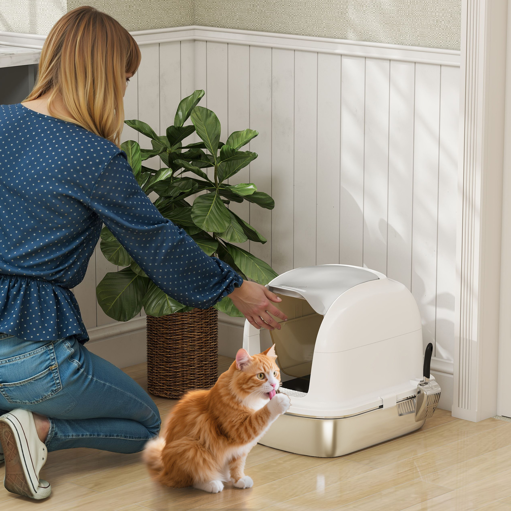 PawHut XL Stainless Steel Litter Box with Lid for Big Cats, Enclosed Cat Litter Box with Flip Cover, Scoop Aosom Canada