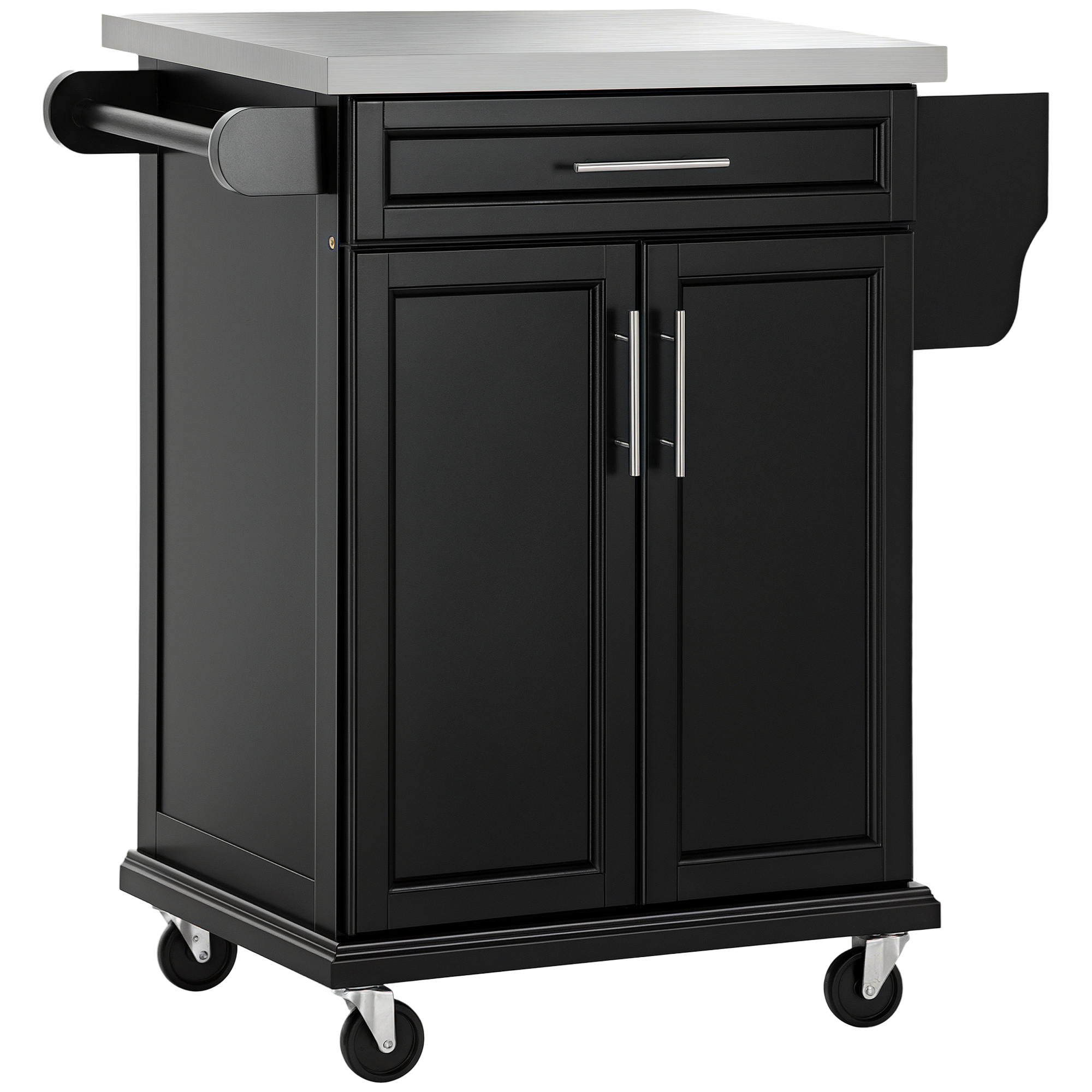 HOMCOM Rolling Kitchen Cart, Black, with Stainless Steel Countertop, Spice Rack, Island on Wheels | Aosom.com