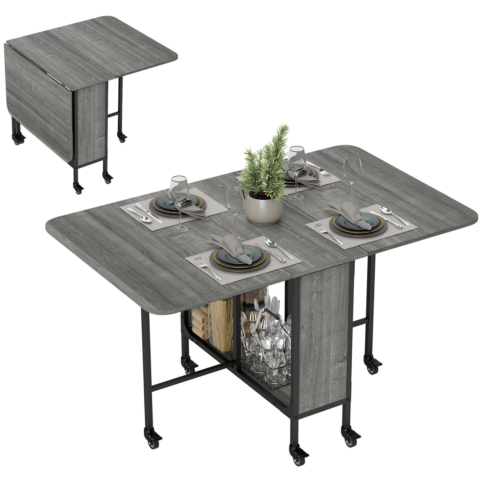 Extendable Cooking Surface for Compact Spaces with Organizer Shelving and 6 Castors, Foldable Meal Surface, Distressed Grey 1
