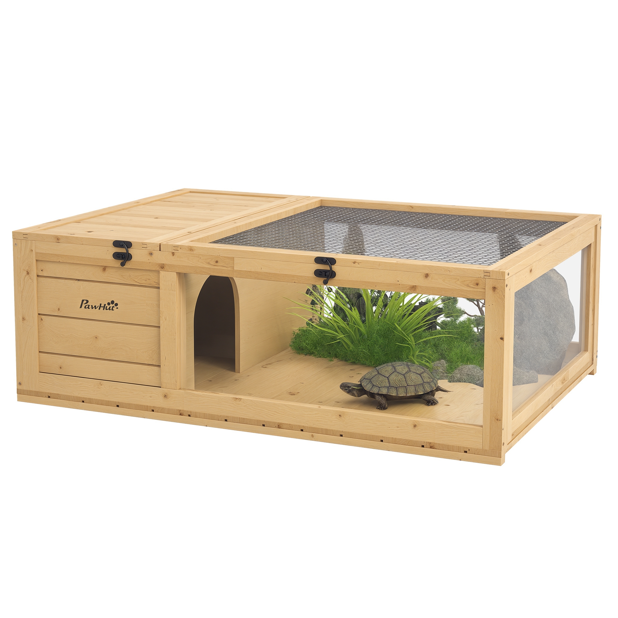 PawHut Wood Tortoise House for Lizards, Geckos, Indoor Outdoor Use