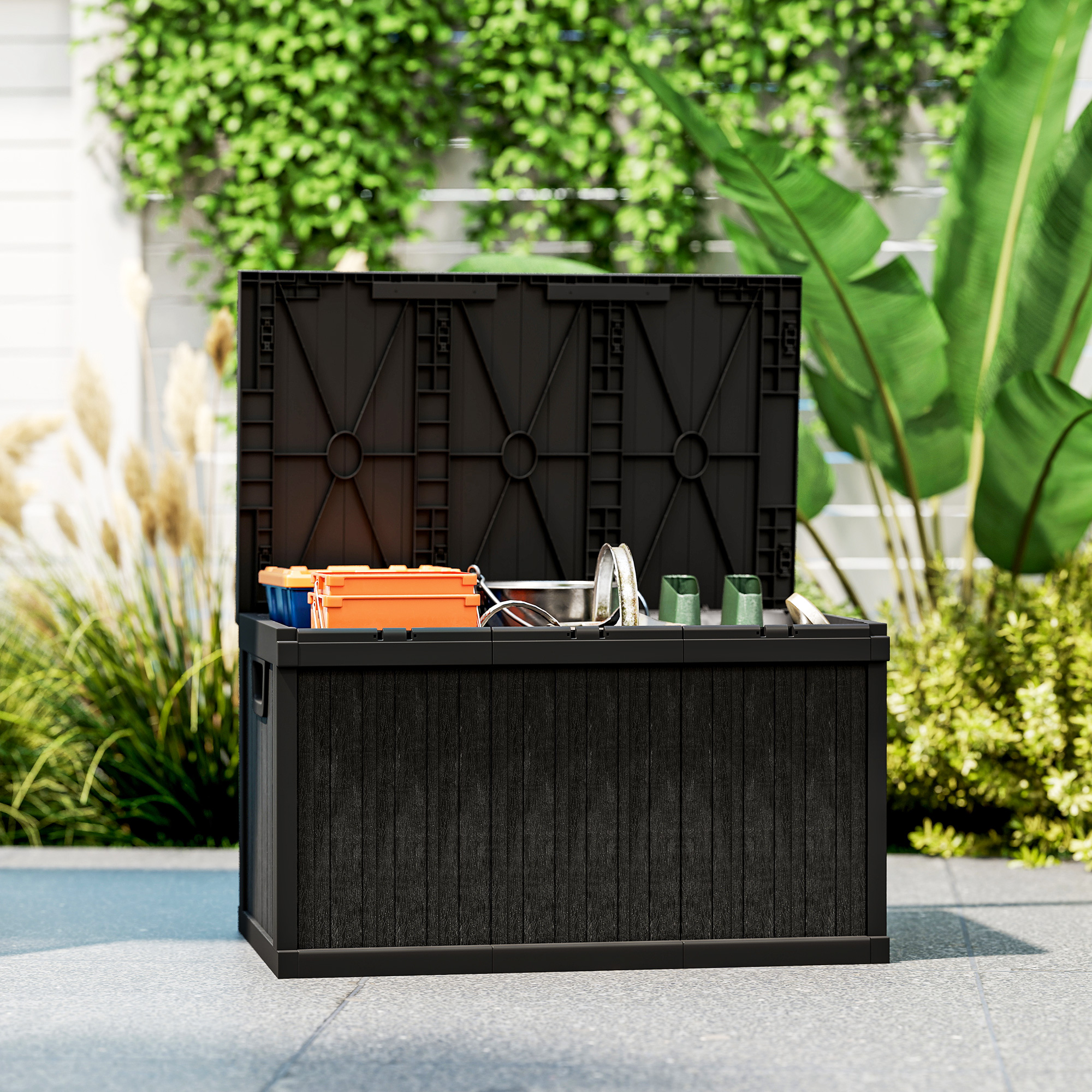 Outsunny 70 Gallon Deck Box, Resin Outdoor Storage Box with Handles, Waterproof Storage Container for Garden Tools, Black Aosom Canada