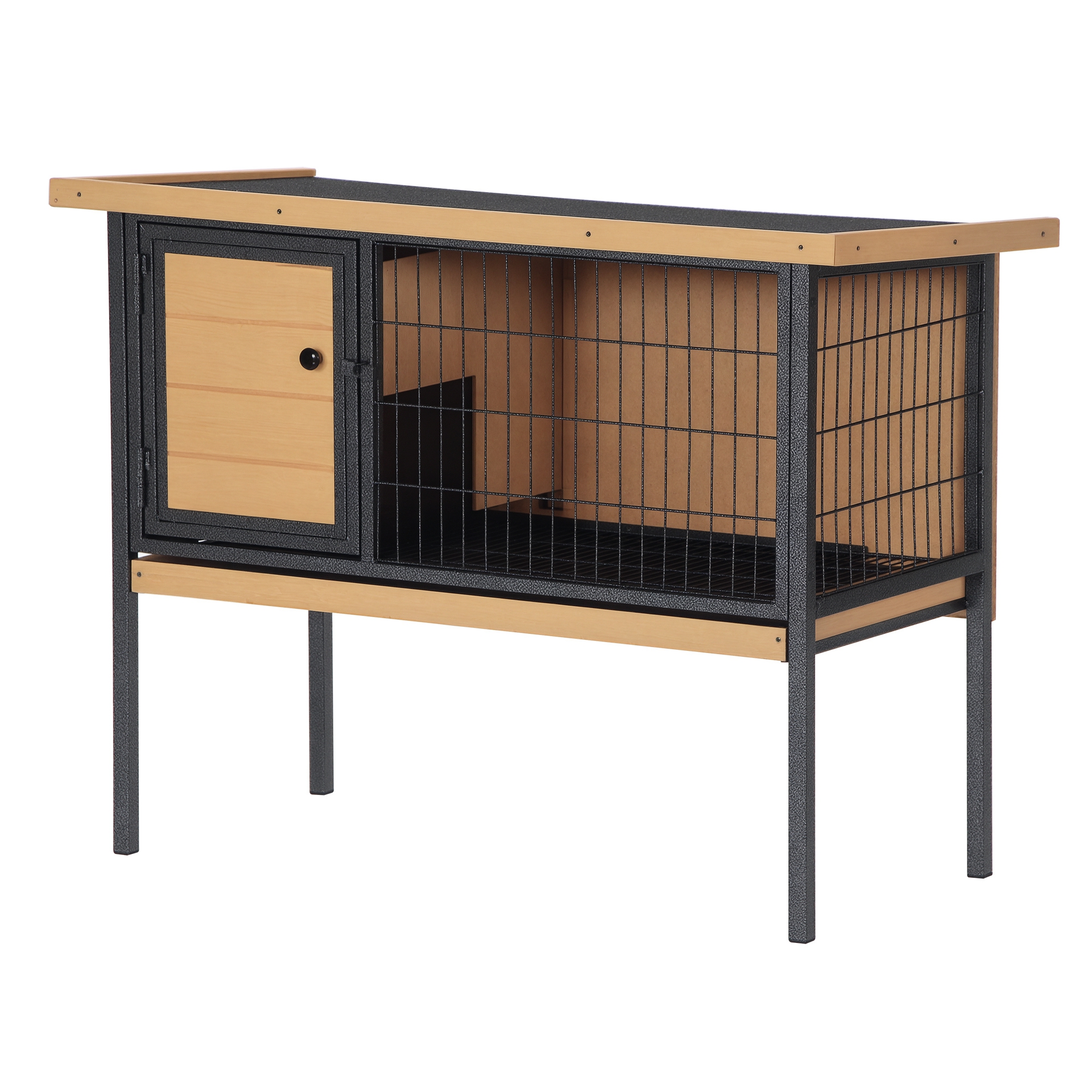 PawHut Rabbit Hutch Elevated Bunny Cage Small Animal Habitat with Metal Frame, No Leak Tray, Metal Wire Pan, Openable Water-Resistant Asphalt Roof for