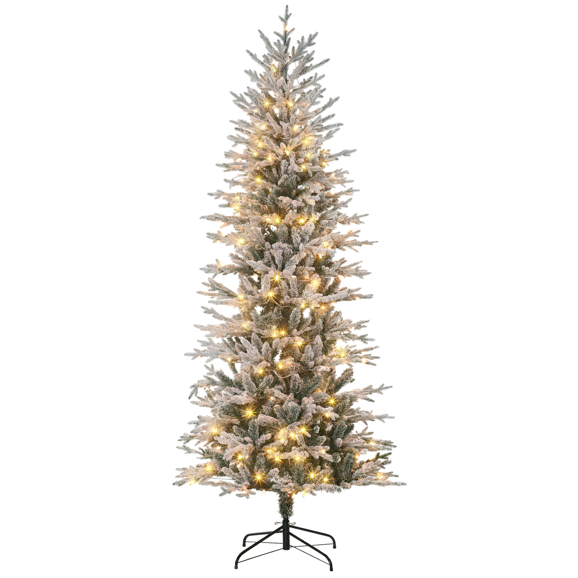 HOMCOM 7.5' Pre Lit Artificial Flocked Christmas Trees, with Snow Branches, Warm Yellow Clear Lights, Auto Open, Extra Bulb