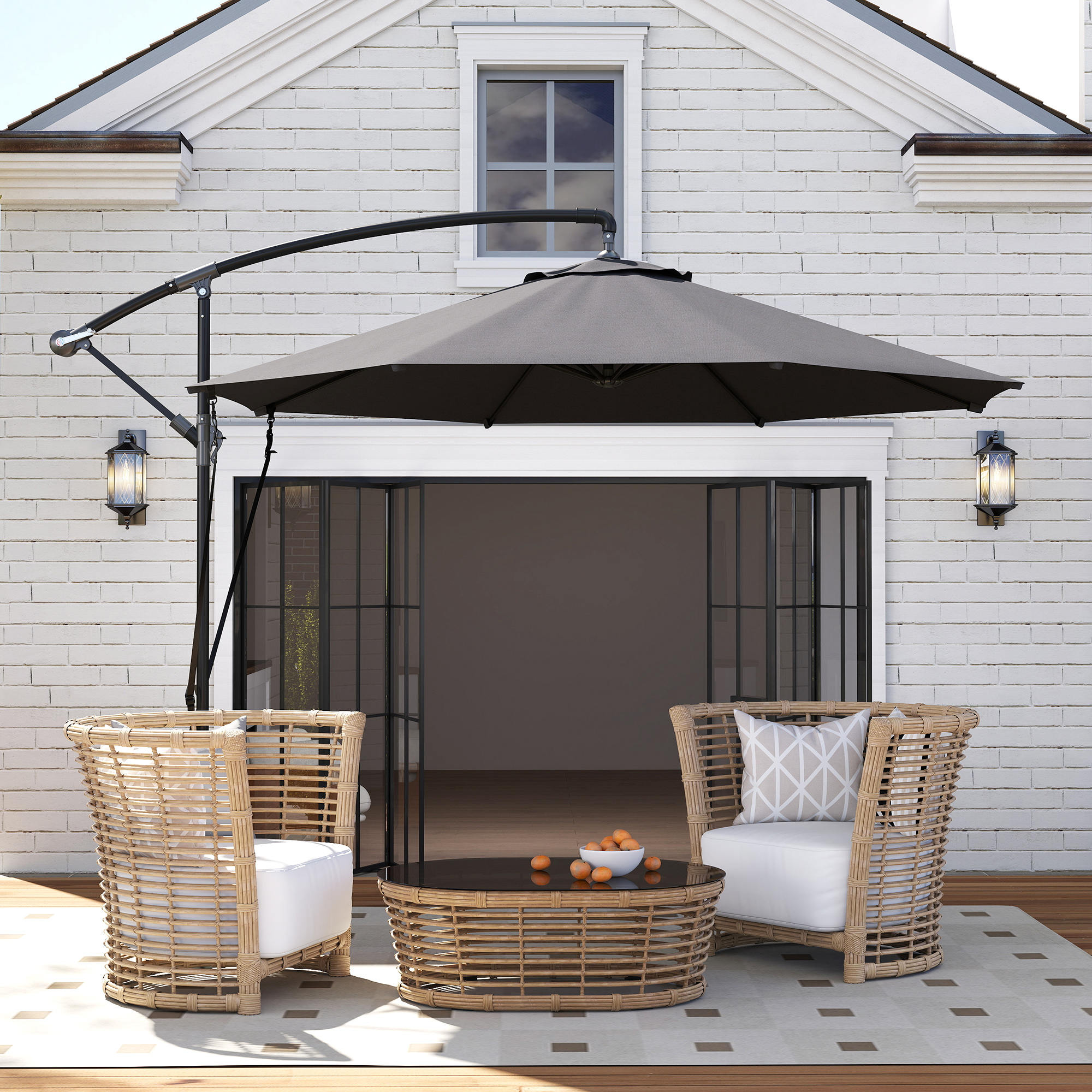 Outsunny 9.5' Cantilever Umbrella with Wind Protection Strap and Cover, Hanging Umbrella with Crank and Cross Base, UPF 50+, Grey Aosom Canada