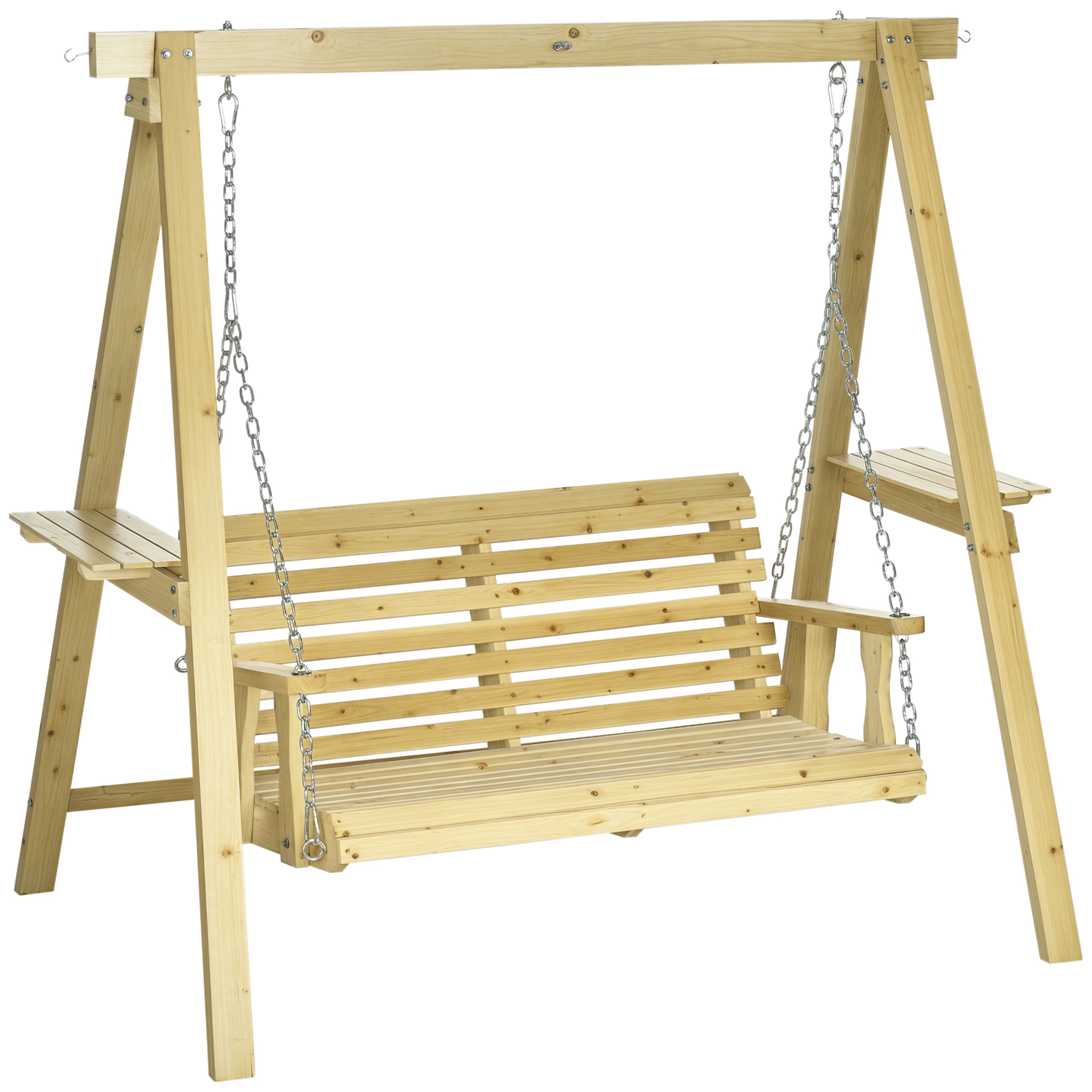 Outsunny 2-Seat orch Swing with Stand, Wooden Patio Swing Chair with Side Tables and Metal Chains, Outdoor Hanging Bench for Garden, Poolside, Backyar