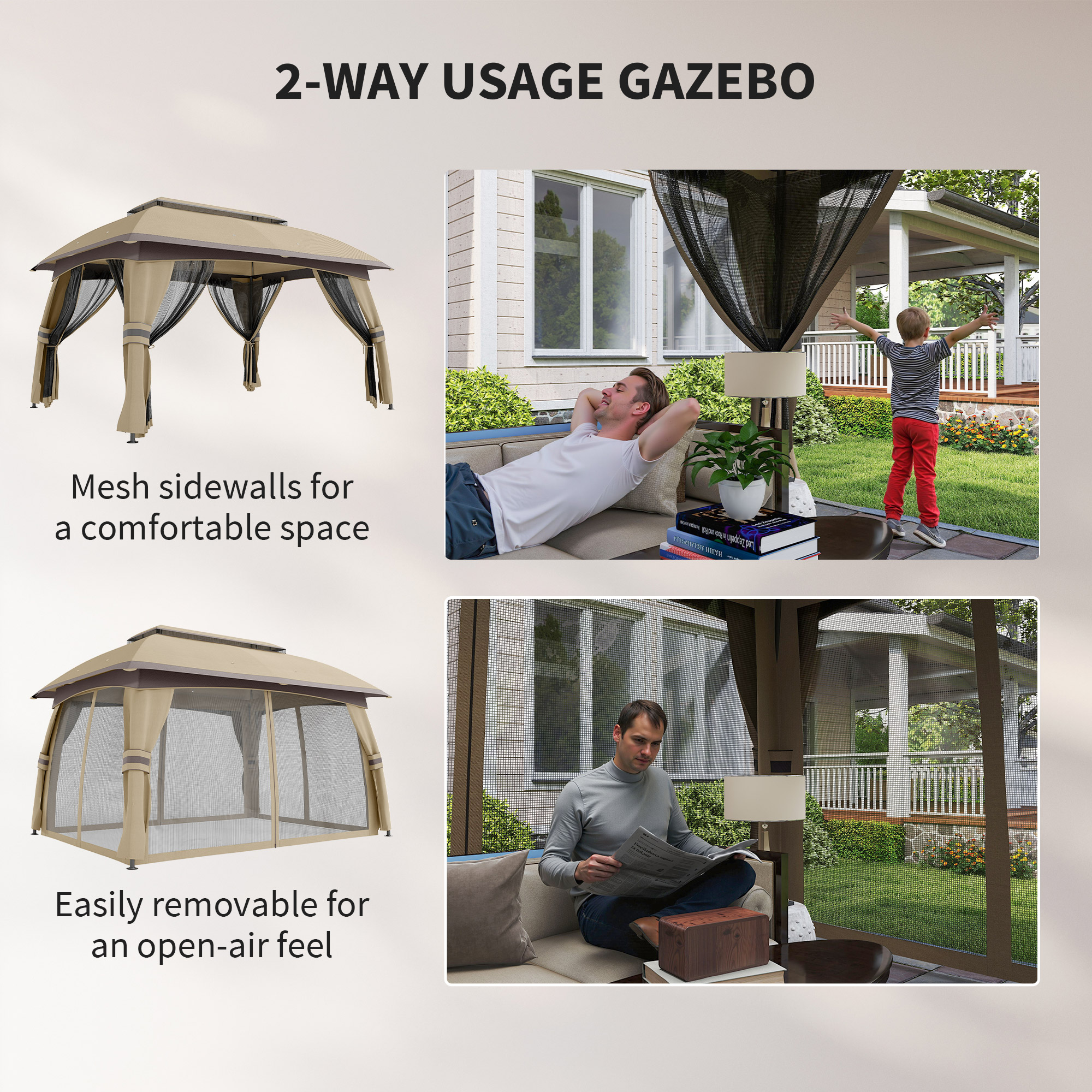 Outsunny 10x13ft Beige Covered Gazebo with Netting Side Walls and 2 Vented Roof, Patio Gazebo Canopy Shelter Outsunny 10x13ft Beige Covered Gazebo with Netting Side Walls and 2 Vented Roof, Patio Gazebo Canopy Shelter