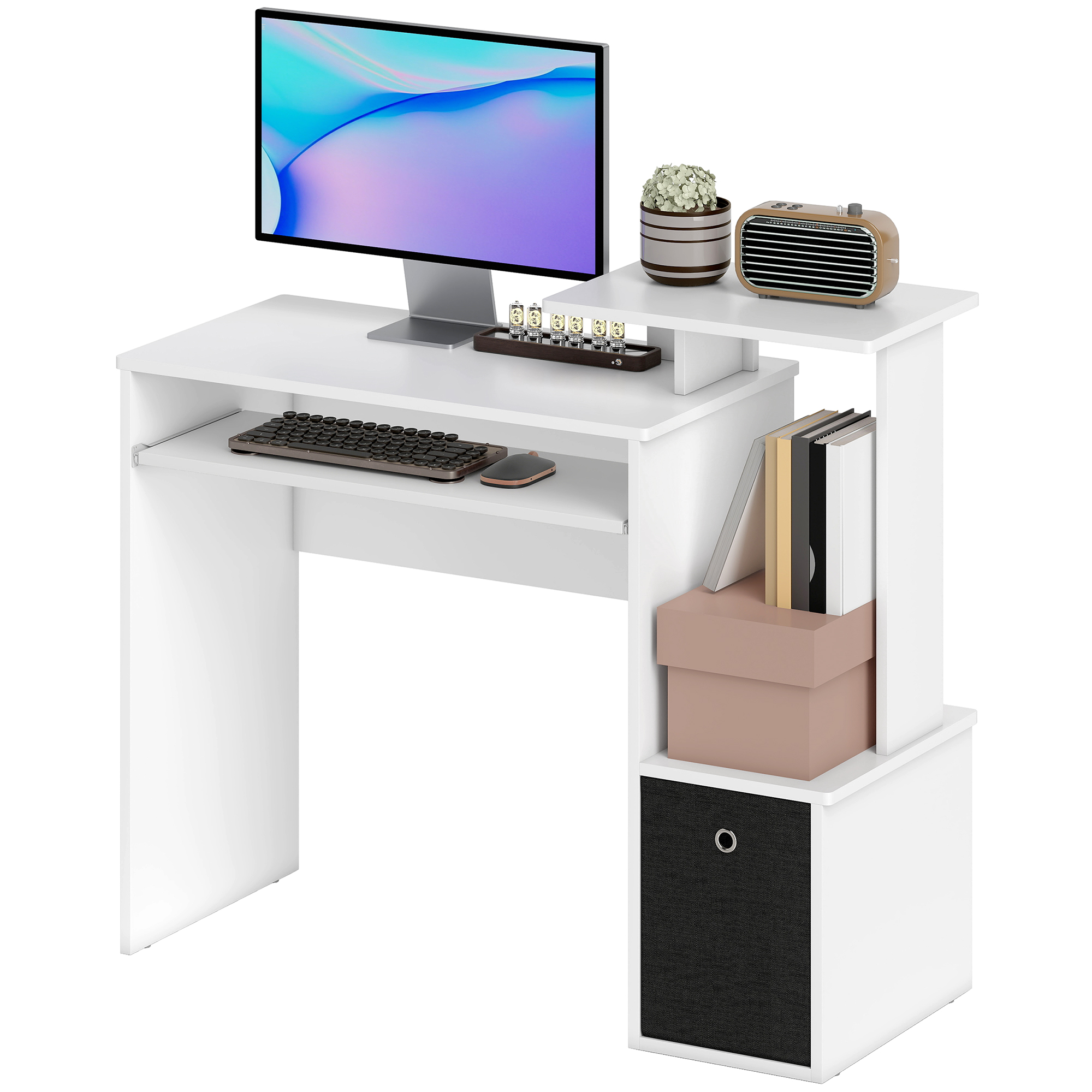 PC Work Table with Sliding Keyboard Tray Organizer Organizer Drawer Shelving Home Workspace Work Table White 1