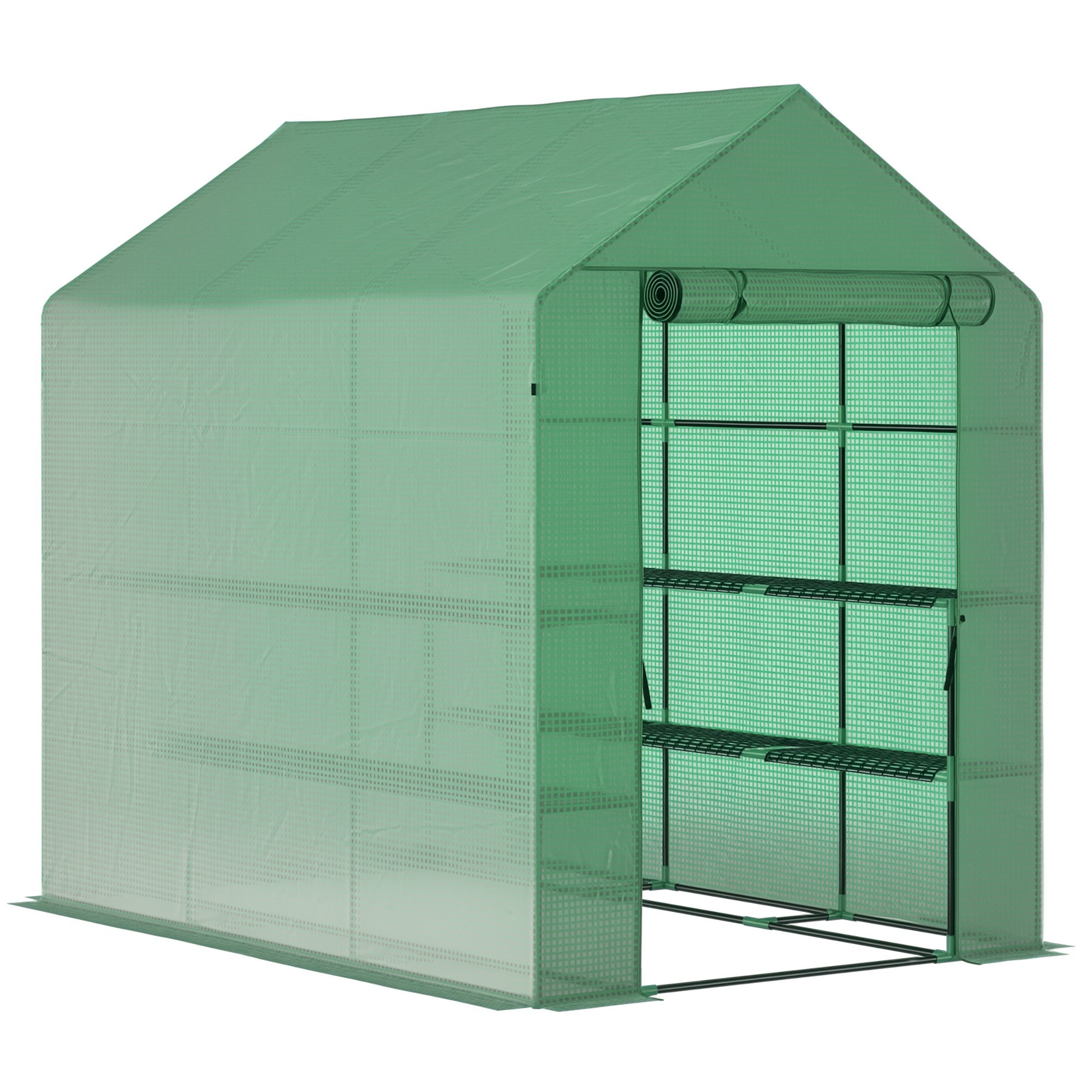 Outsunny 7' x 5' x 6' Walk-in Greenhouse for Outdoors with Mesh Door, 18 Shelf Hot House with Trellis, Plant Labels, UV Protective for Growing Flowers