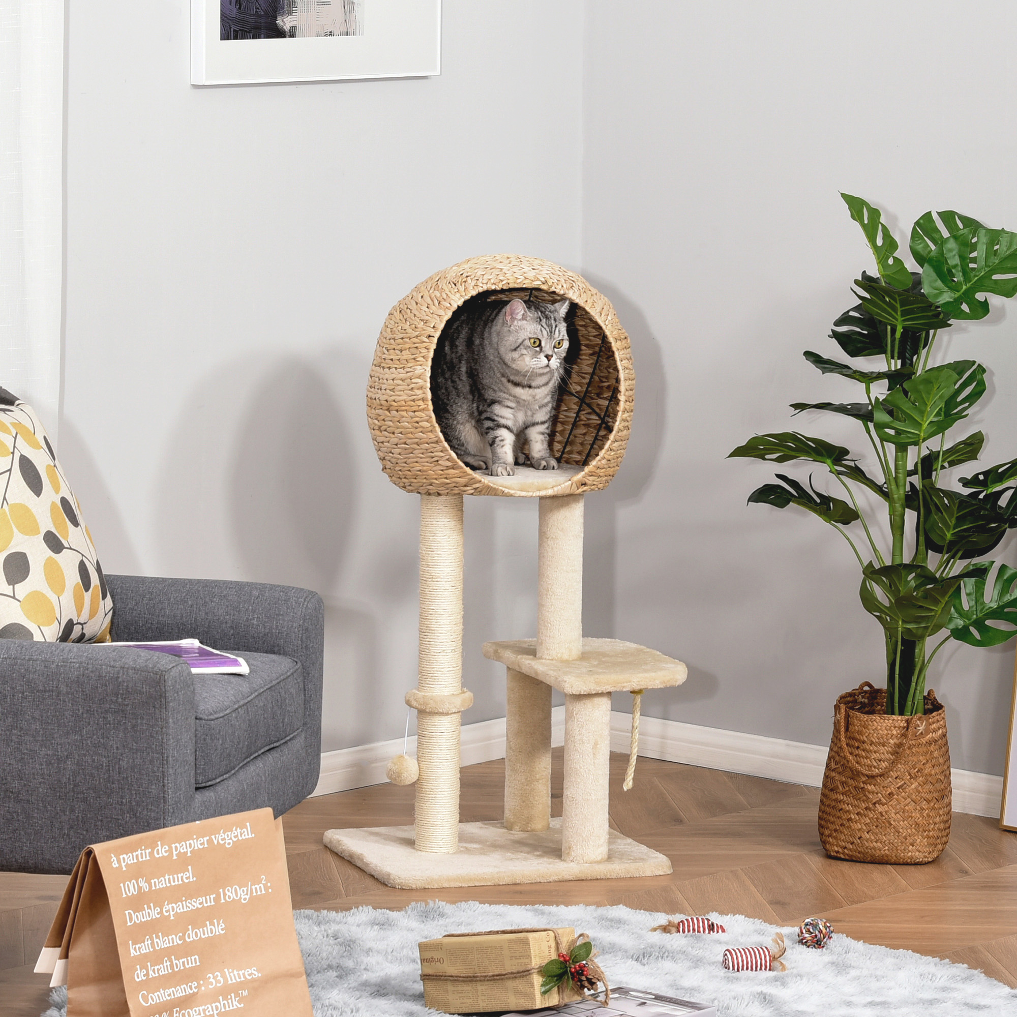 PawHut 39" H Cat Tree with Sisal Scratching Post, Condo, Plush Perch, Hanging Rope and Hanging Ball, Beige Aosom Canada