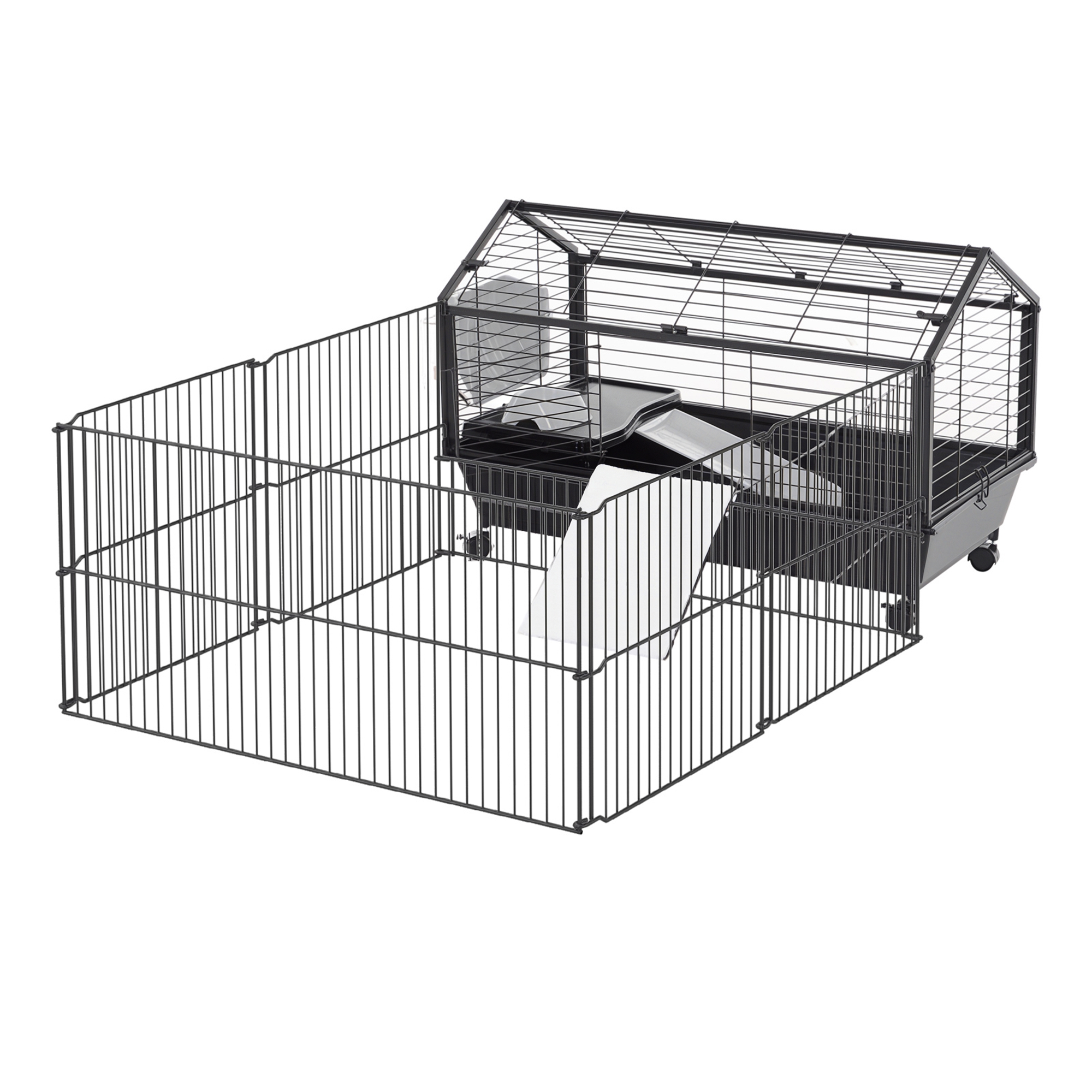 Rolling Rabbit Chinchilla Hedgehog Bunny Cage Compact Animal Habitat with Water Bottle, Guinea Pig Cage with Foldable Detachable Playpen, Hay Feeder, 34.5" x 50.5" x 22" 1