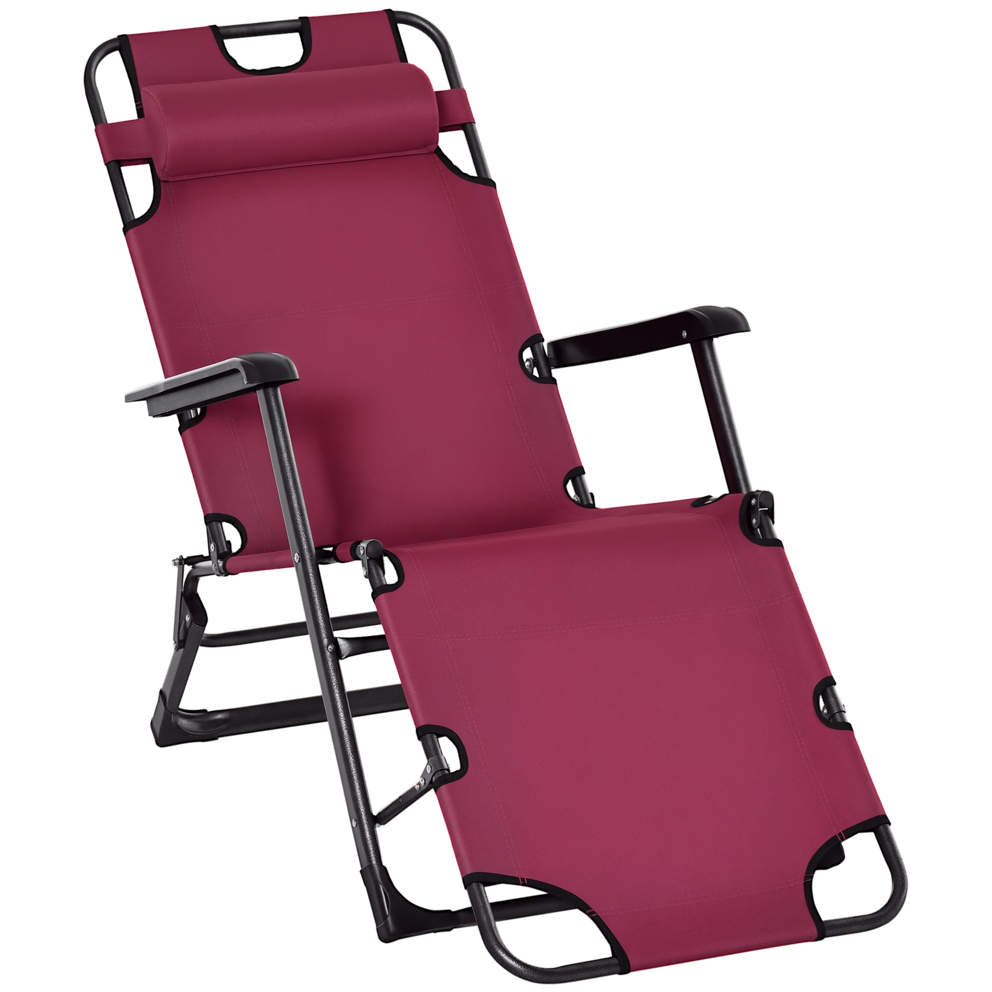 Outsunny Folding Chaise Lounge Chair for Outside, 2-in-1 Tanning Chair with Pillow & Pocket, Adjustable Pool Chair for Beach, Patio, Lawn, Deck, Red