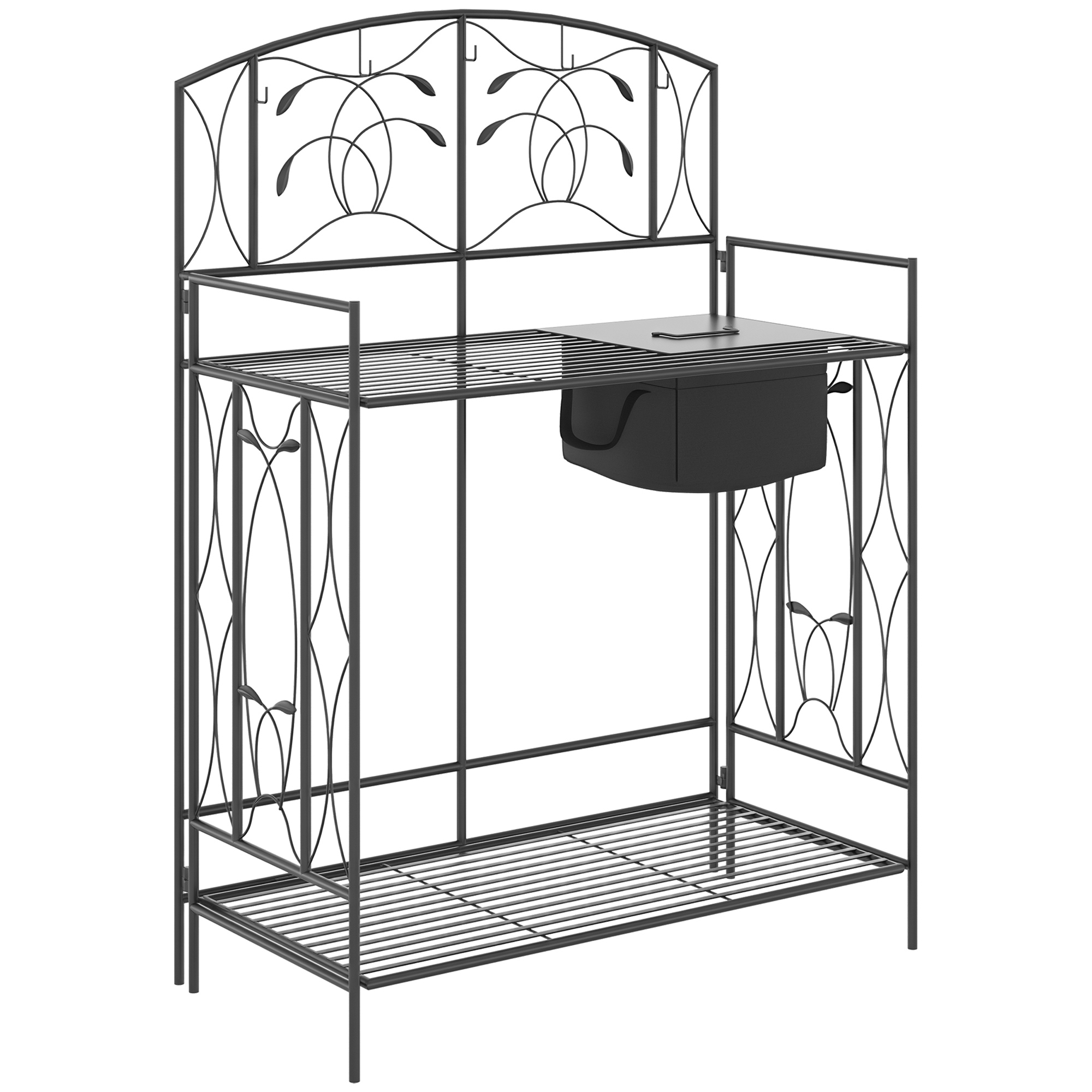 Outsunny Folding Potting Bench Table, Metal Garden Workstation, Work Bench with Large Built-in Bag with Cover, 5 Hanging Hooks & Storage Shelf, Leaf P
