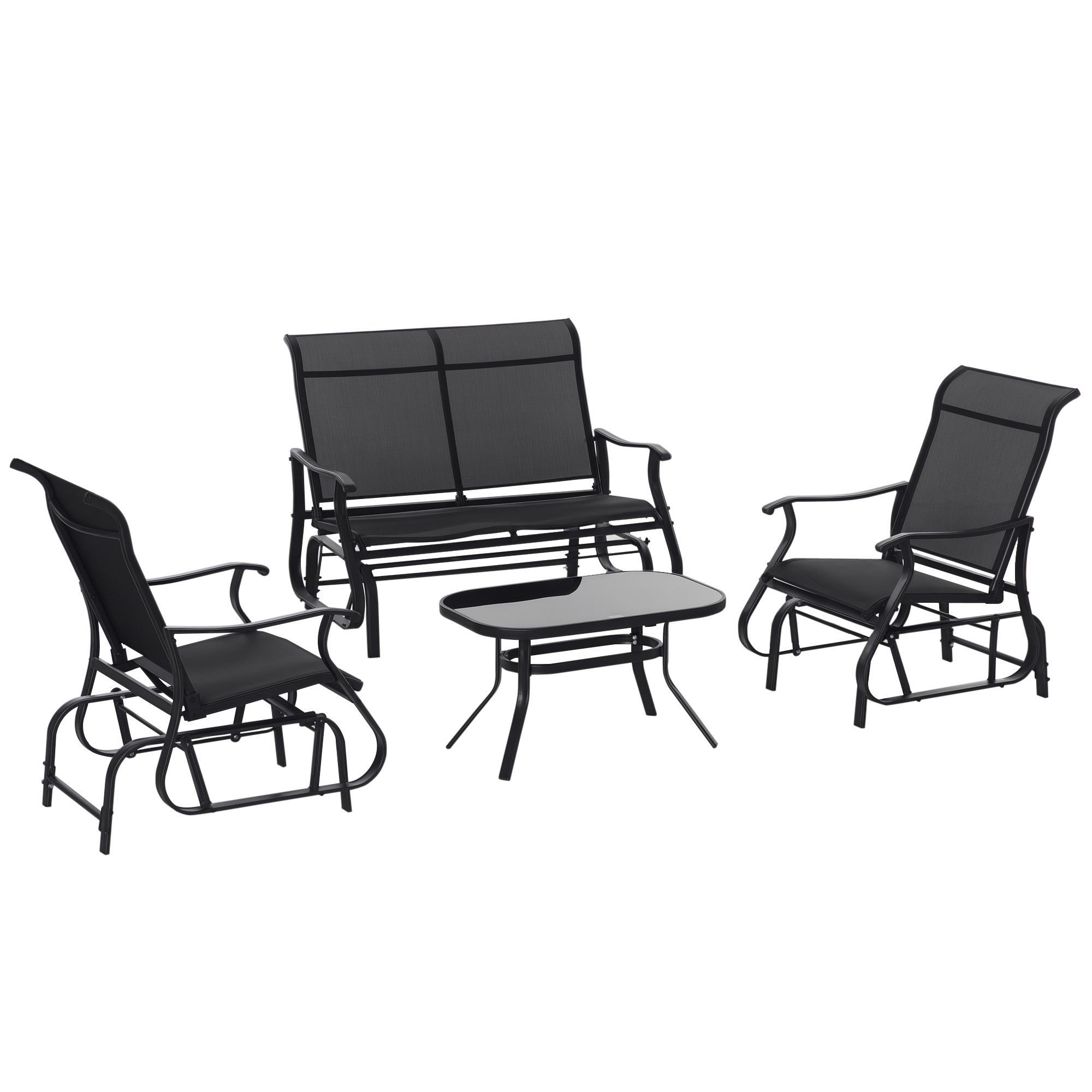 Outsunny 4 Pieces Gliders Set, Outdoor Furniture Sets with 2-Person Glider Patio Bench, Single Sling Chair and Glass Coffee Table for Backyard, Lawn a