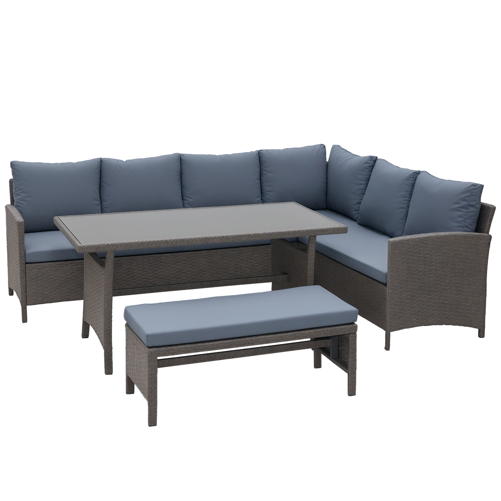 Outsunny 4 Pieces Patio Wicker Dining Sets, Outdoor PE Rattan Sectional Conversation Set with Cushions & Dining Table, Bench for Garden, Backyard, Law