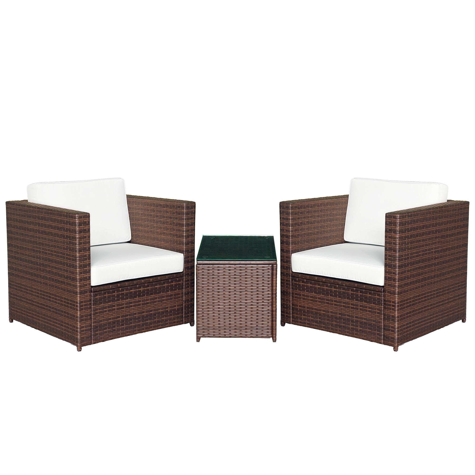 Outsunny Wicker Bistro Patio Set, 2 Porch Chairs & Glass Table, White