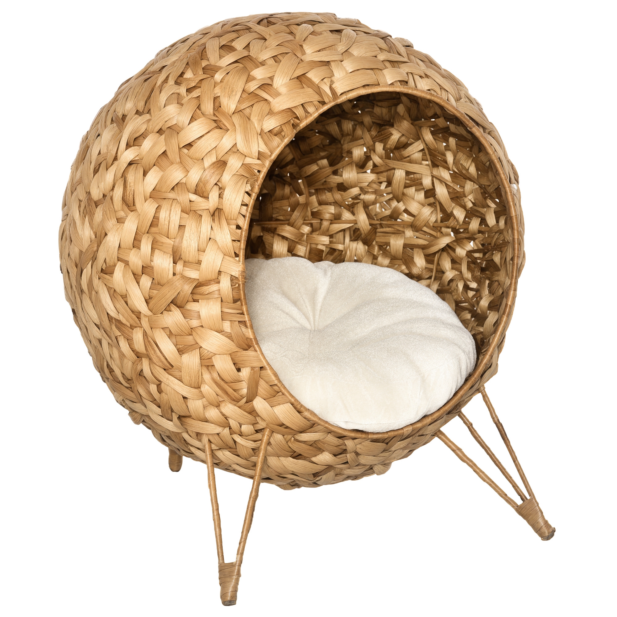 PawHut 20.5" Weaved Cat Bed, Elevated Hand-woven Braided Banana Leaf Kitten House Condo with Cushion, Natural