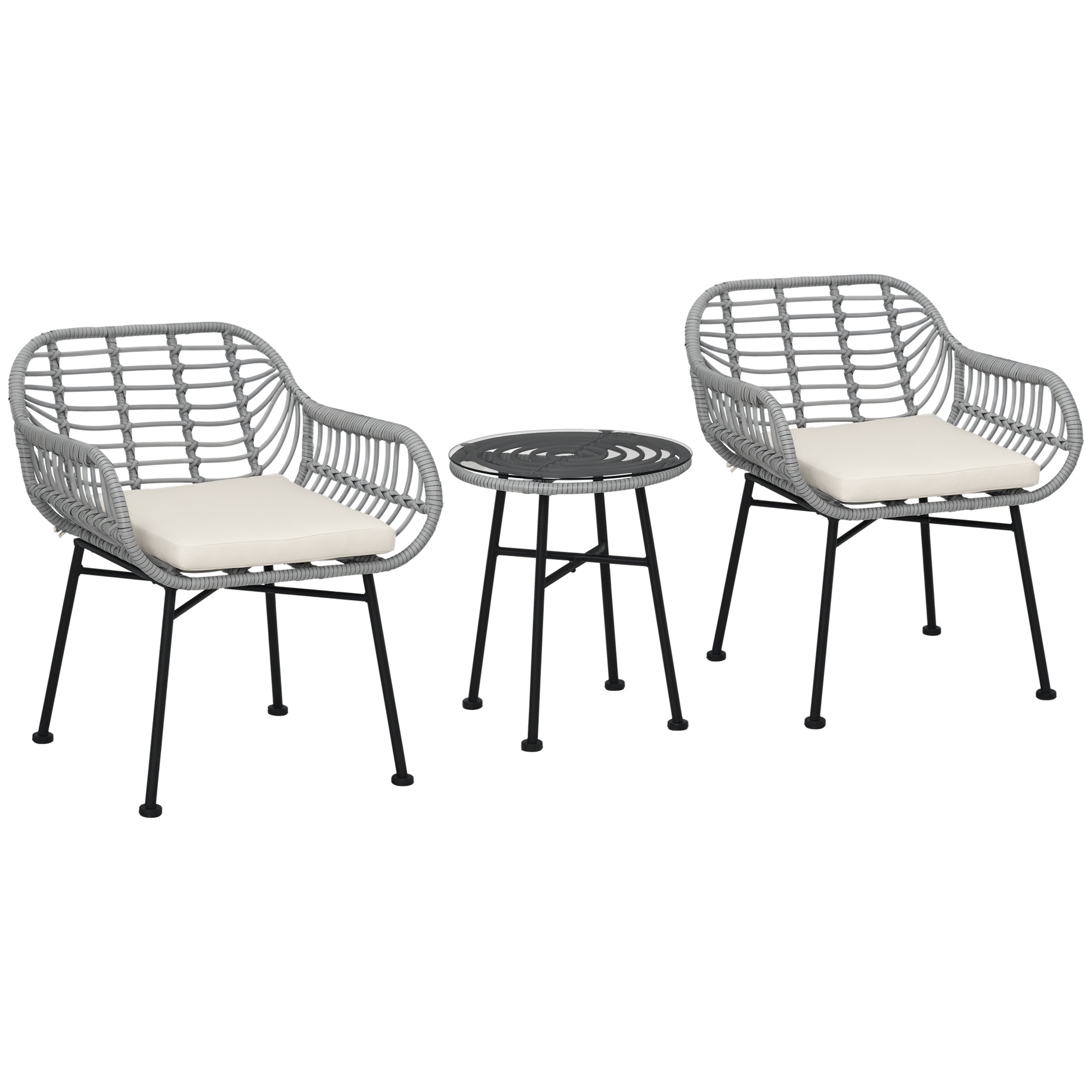 Outsunny 3 Piece Patio Set, Outdoor Bistro Furniture, PE Rattan Wicker Table and Chairs, Cushioned, Cream White