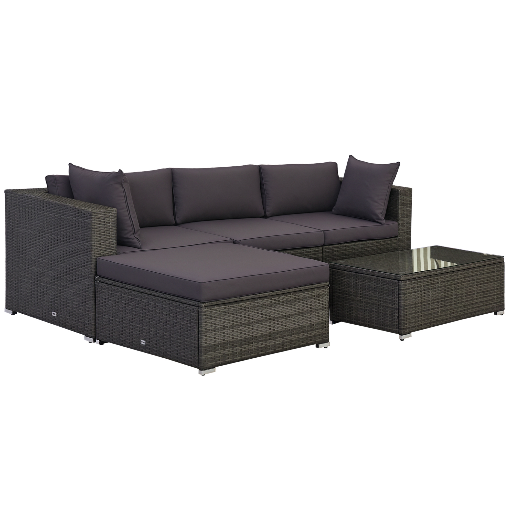 Outsunny 5-Piece Outdoor Sectional Furniture, Patio Sofa Set, PE Wicker Couch, Cushions, Pillows, Ottoman, Table, Charcoal