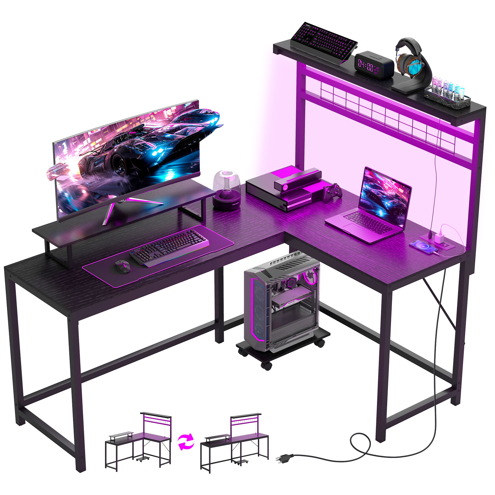 HOMCOM 61.6" L Shaped Gaming Desk with Power Outlets & LED Lights, Computer Desk with Monitor Stand and CPU Shelf, Black