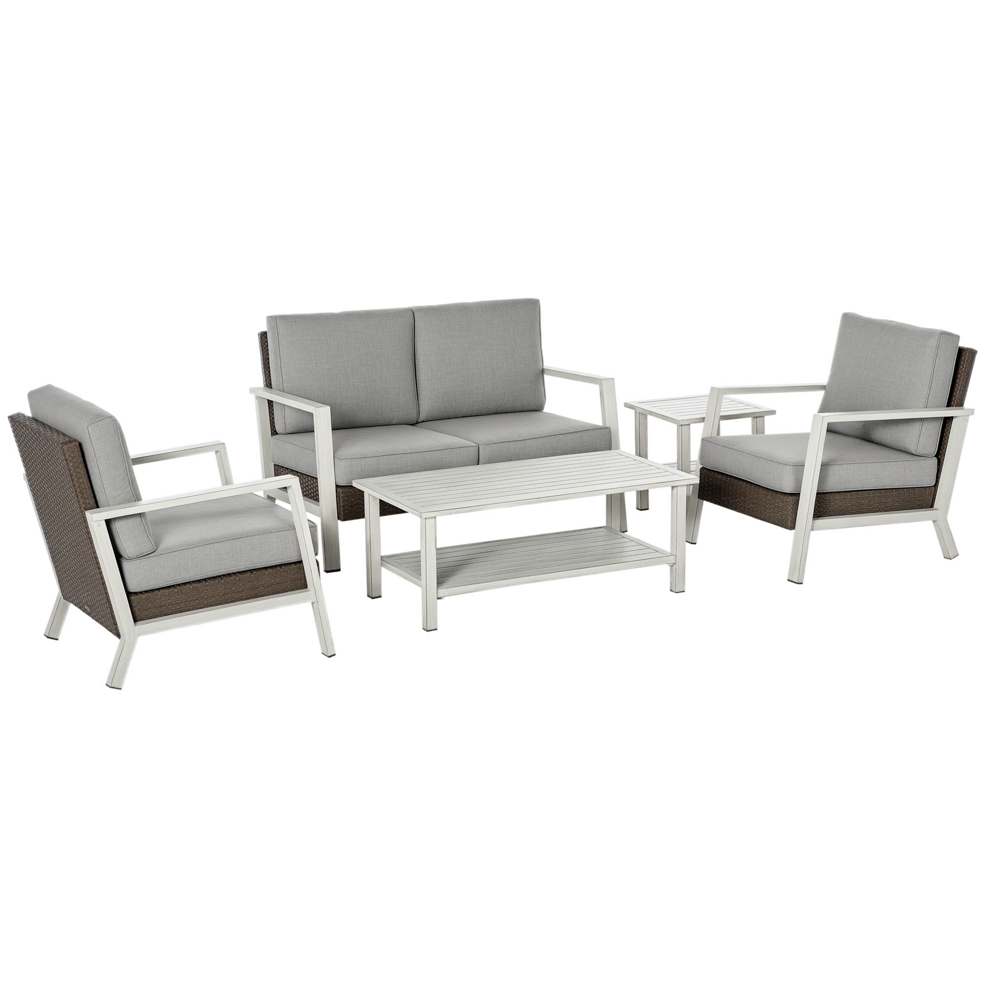 Outsunny Aluminum Patio Furniture Set, 5 Piece Modern Outdoor Conversation Set with Loveseat Sofa, Chairs, Cushions, Coffee Table & Side Table, Gray