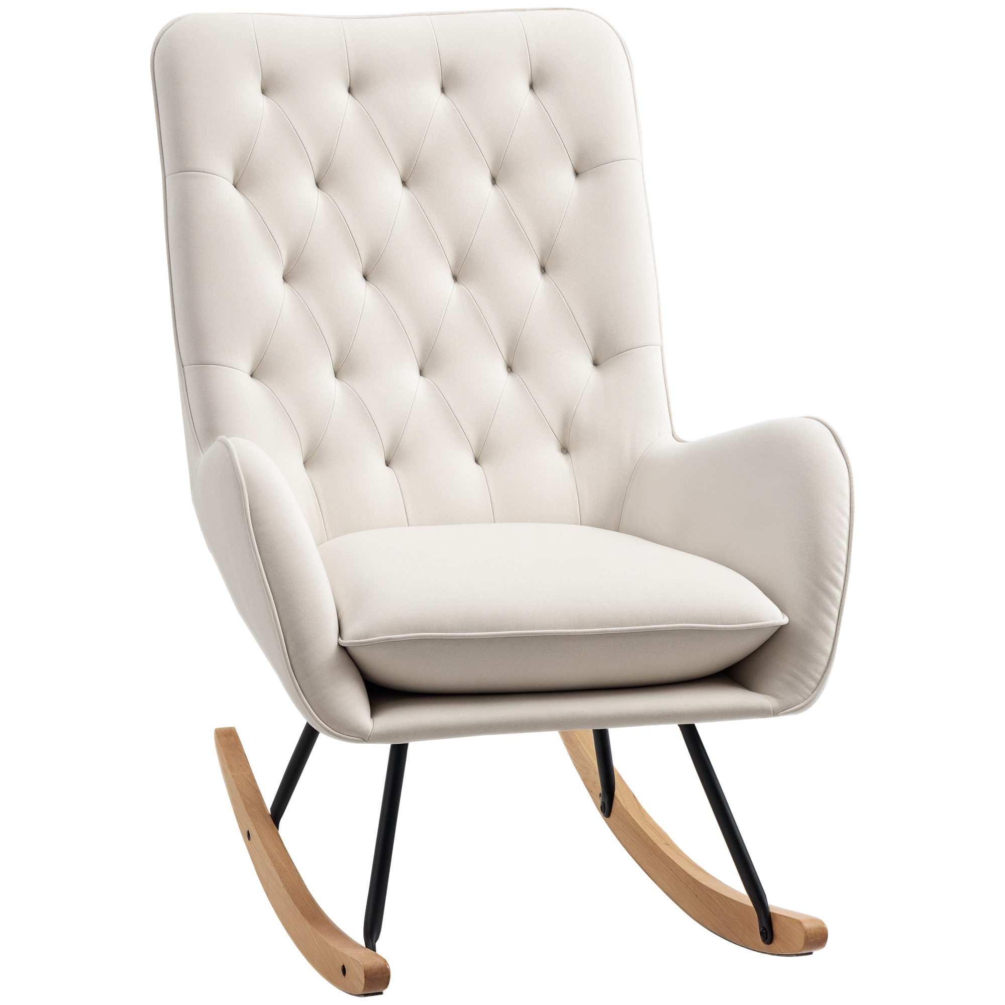 HOMCOM Mid-Century Fabric Rocking Chair Sofa Armchair Tufted Rocker Wingback Accent Chair with Padded Seat, Rubber Wood Base for Home Studio, Bedroom,