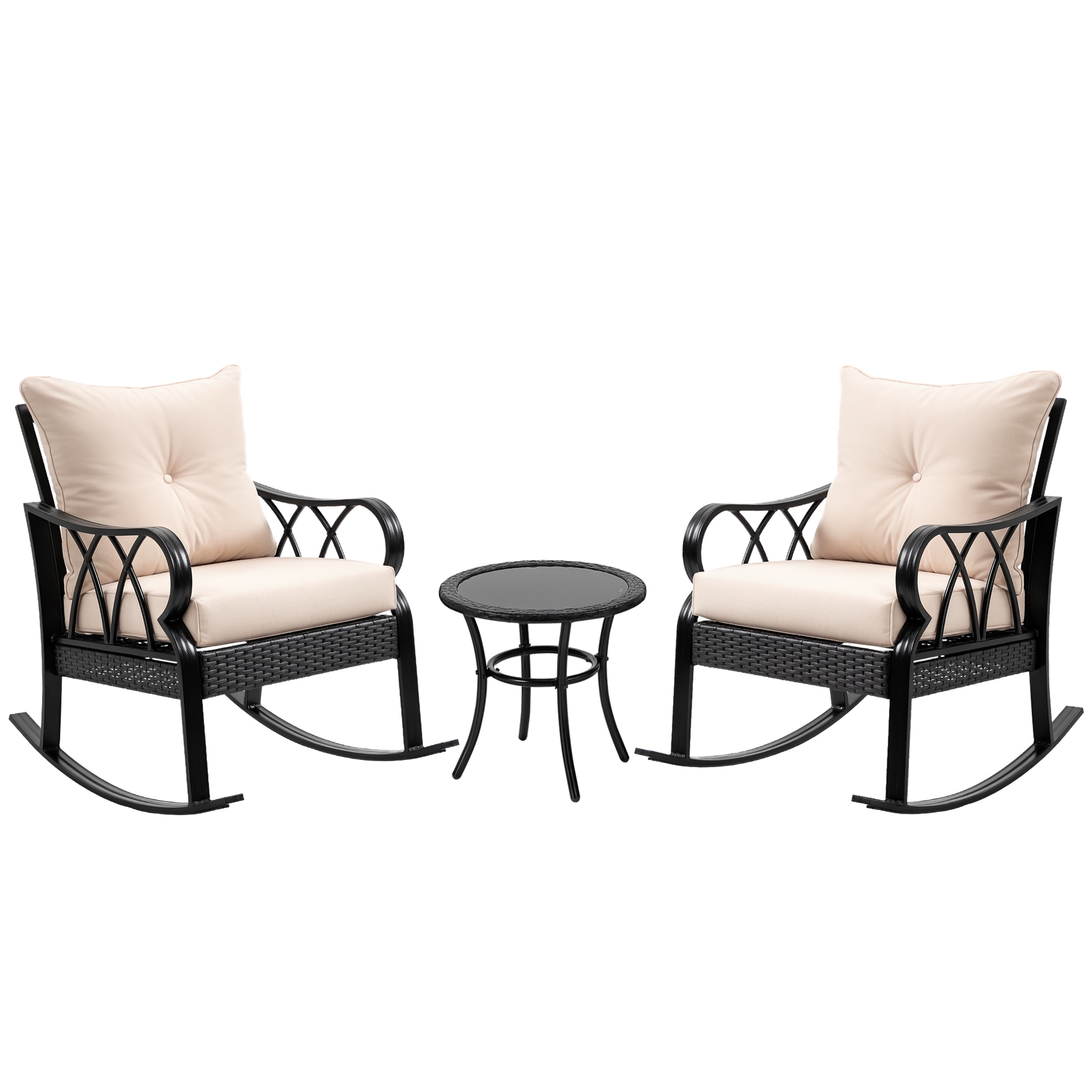 Outsunny 3-Piece Rocking Chair Bistro Set, Wicker Conversation Set, Rattan Furniture Set with Tempered Glass Side Table, Khaki