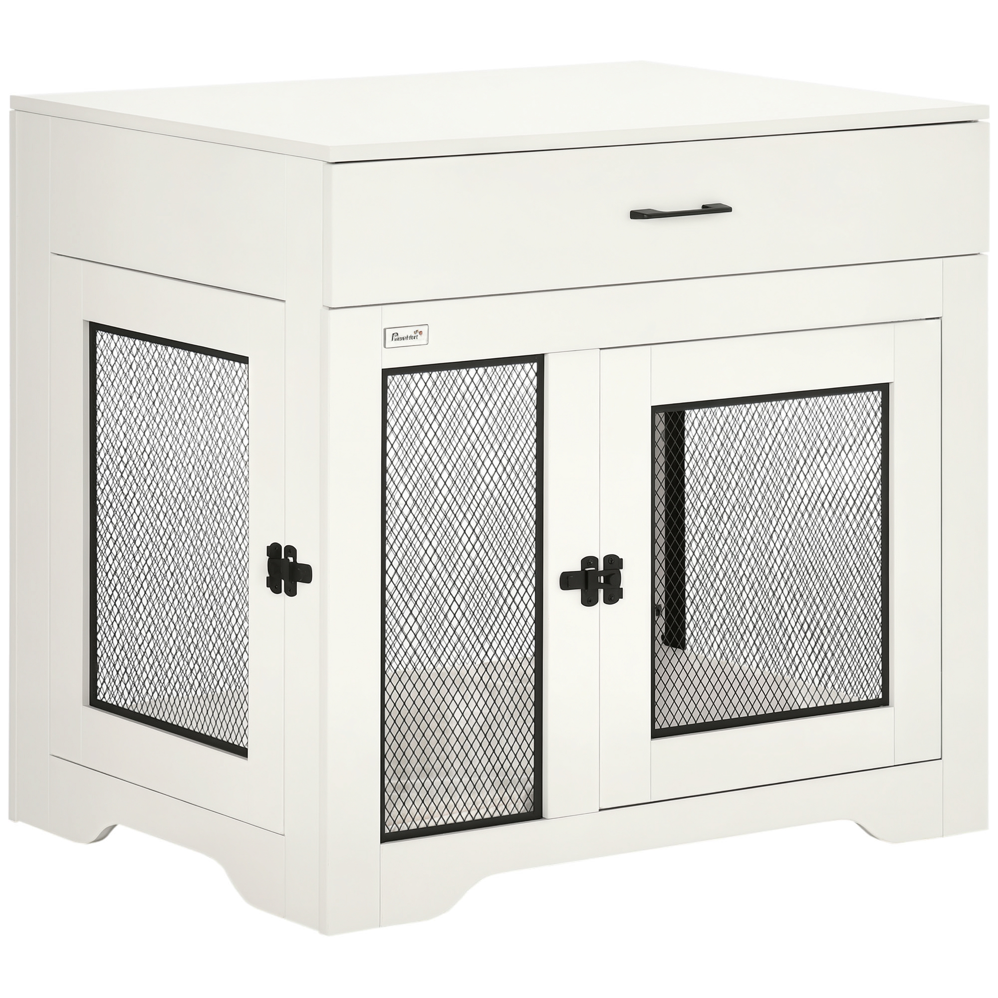 PawHut Dog Crate Furniture with Soft Water-Resistant Cushion, Dog Kennel End Table with Drawer, Puppy Crate for Small Dogs Indoor with 2 Doors, White