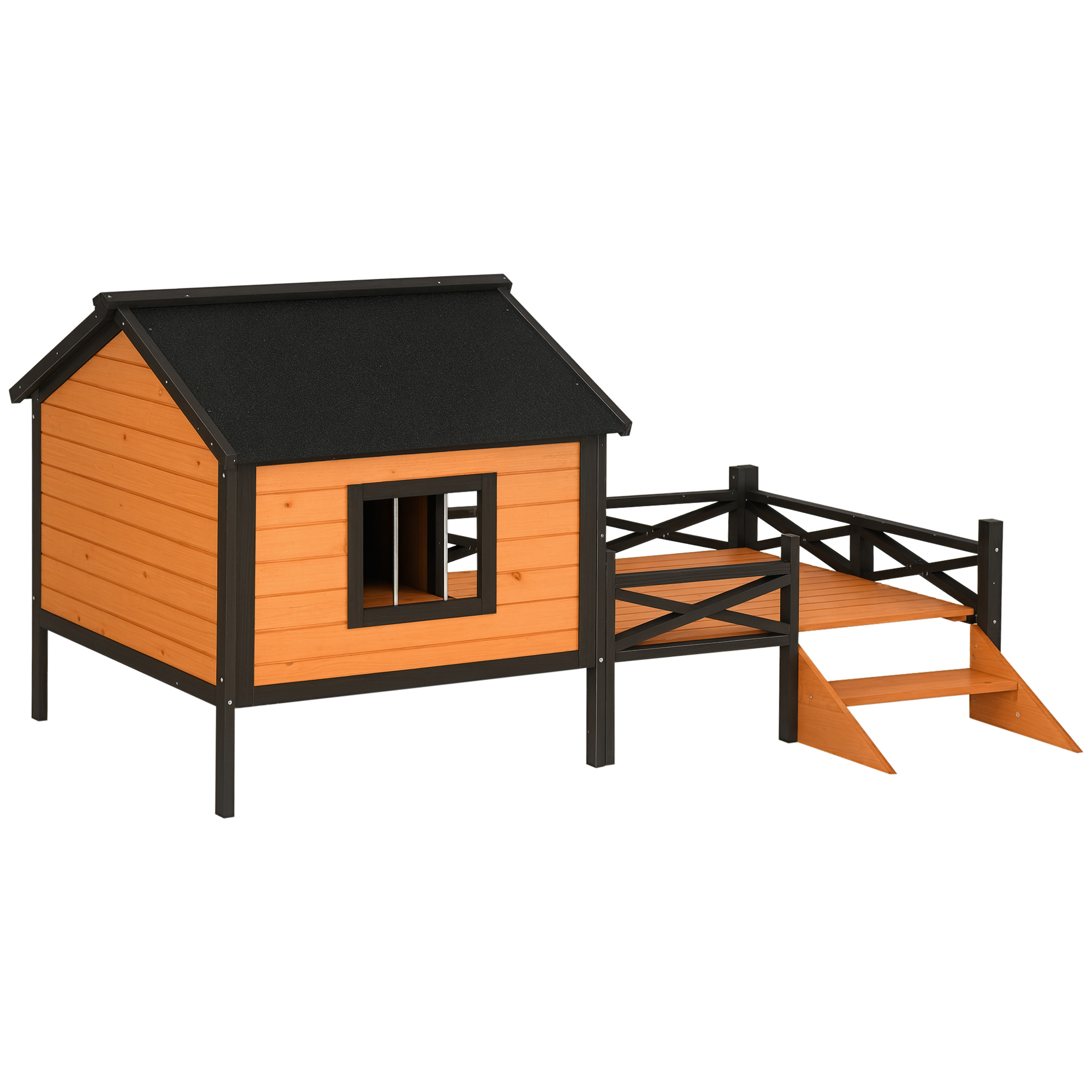 PawHut Outdoor Dog House with Porch, Wooden Dog Kennel with Water-resistant  Asphalt Roof, Ladders, Fencing, Window, for Small and Medium Dog, Natural