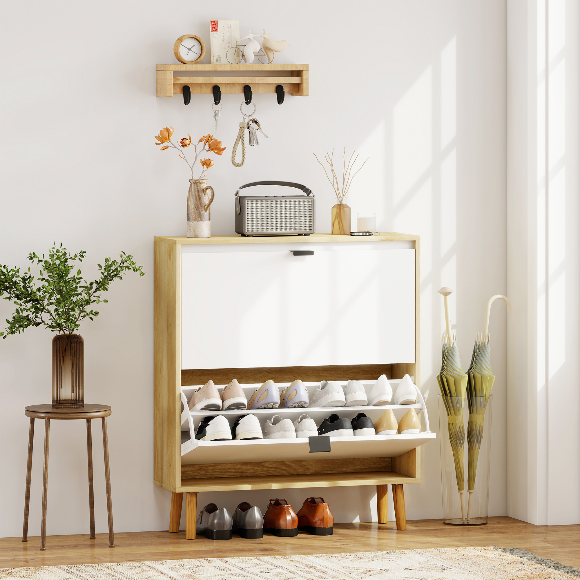 HOMCOM Narrow Shoe Cabinet, High Gloss Shoe Storage Cabinet with 2 Flip Drawers and Adjustable Shelves, Holds 16 Pairs, White Aosom Canada
