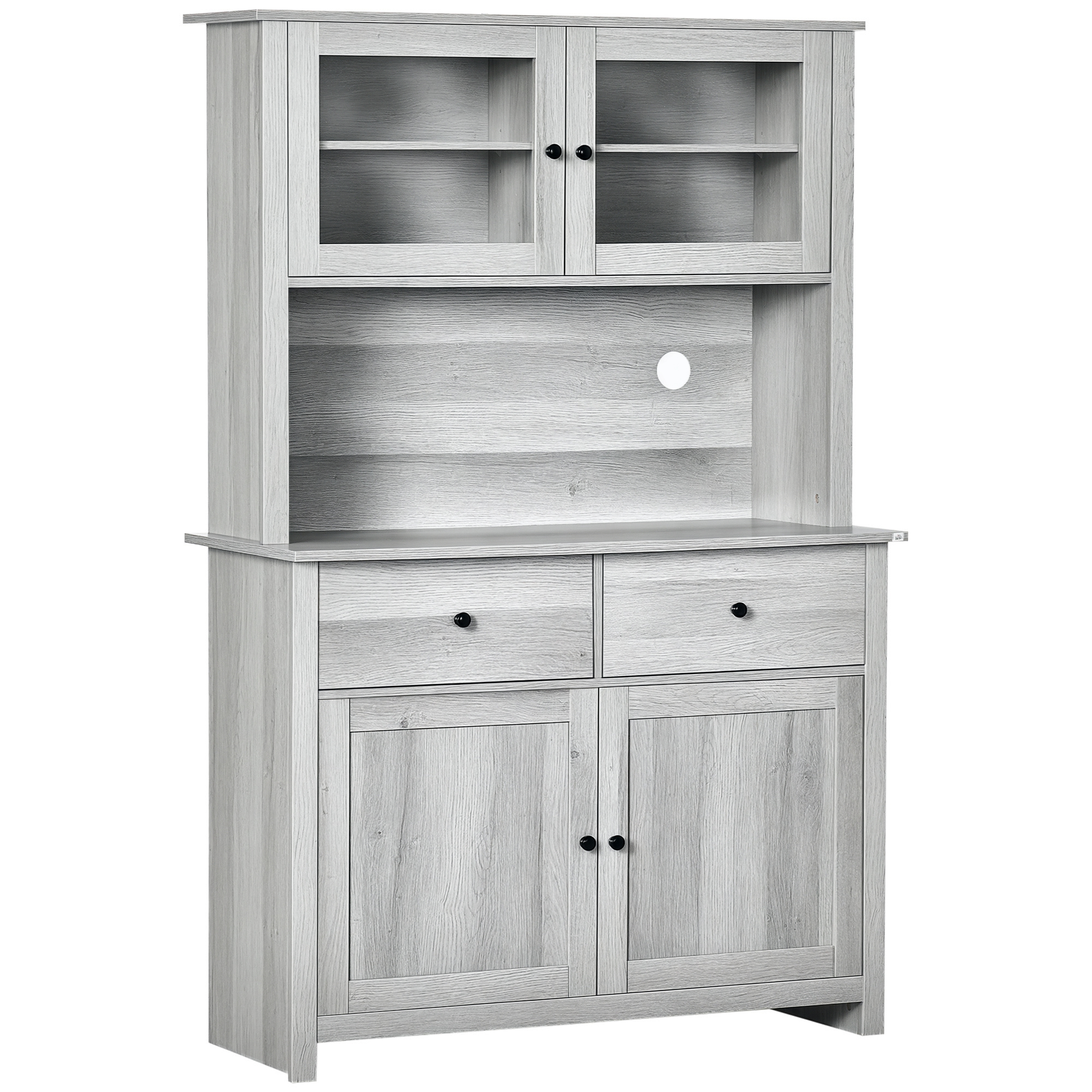 HOMCOM 63.5" Kitchen Buffet with Hutch, Pantry Storage Cabinet with 4 Shelves, Drawers, Framed Glass Doors, Open Microwave Countertop, Ash Grey