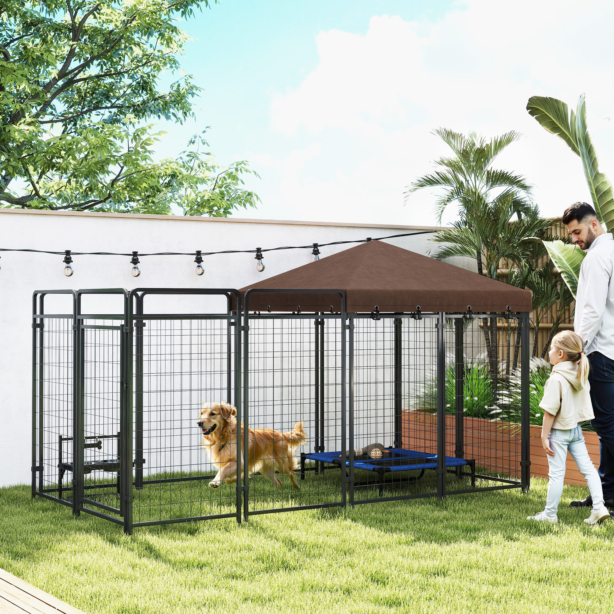 zoo Pawhut Dog Kennel Outdoor Run Fence With Roof, Steel Lock