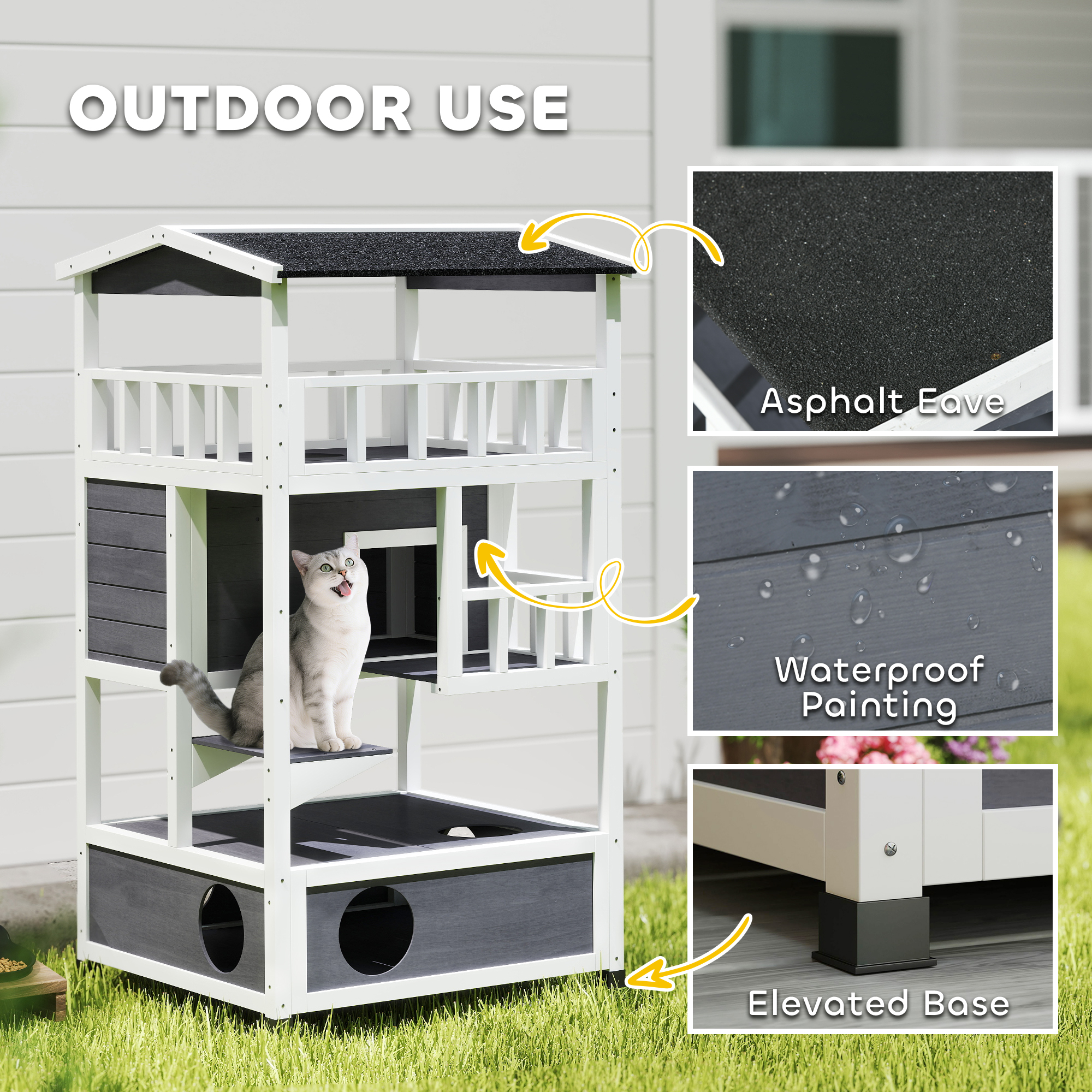 PawHut 4-Floor Solid Wood Cat House with Condo, Fun Entrances