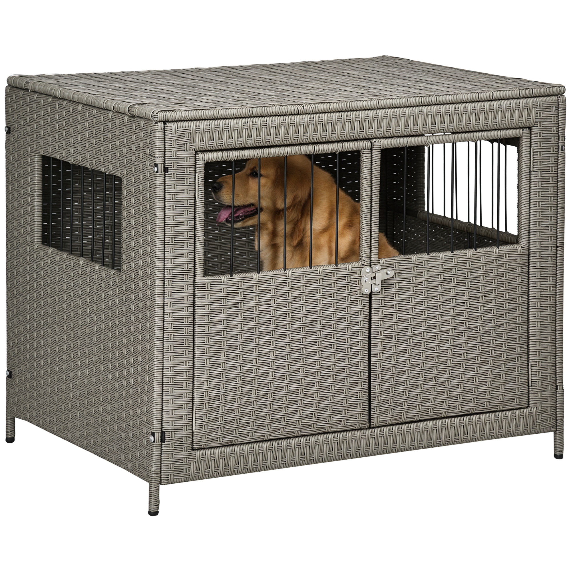 PawHut Rattan Dog Crate with Double Doors, Wicker Dog Cage with Soft ...