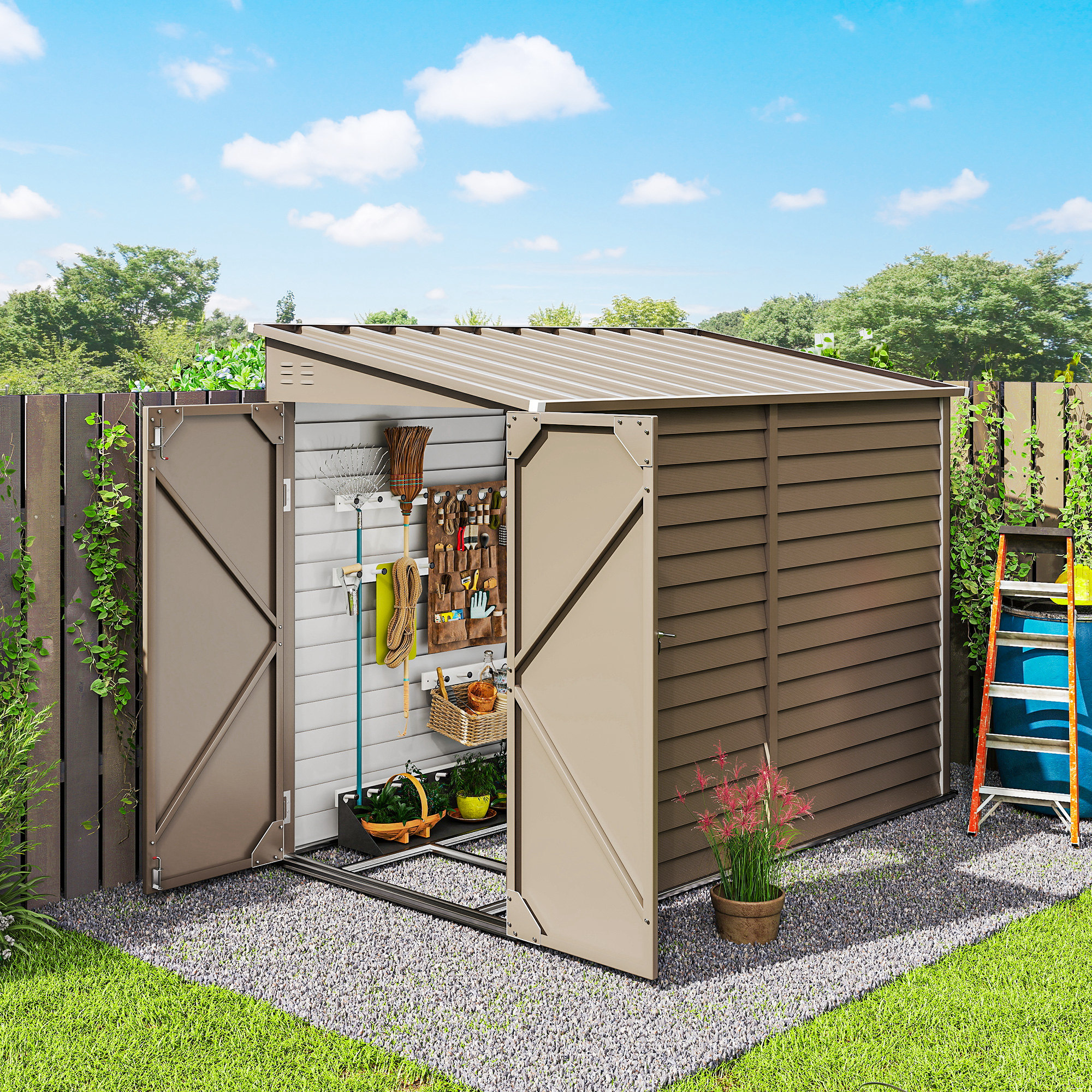 Outsunny Metal Lean to Shed 4.6' x 9', Brown | Aosom.com