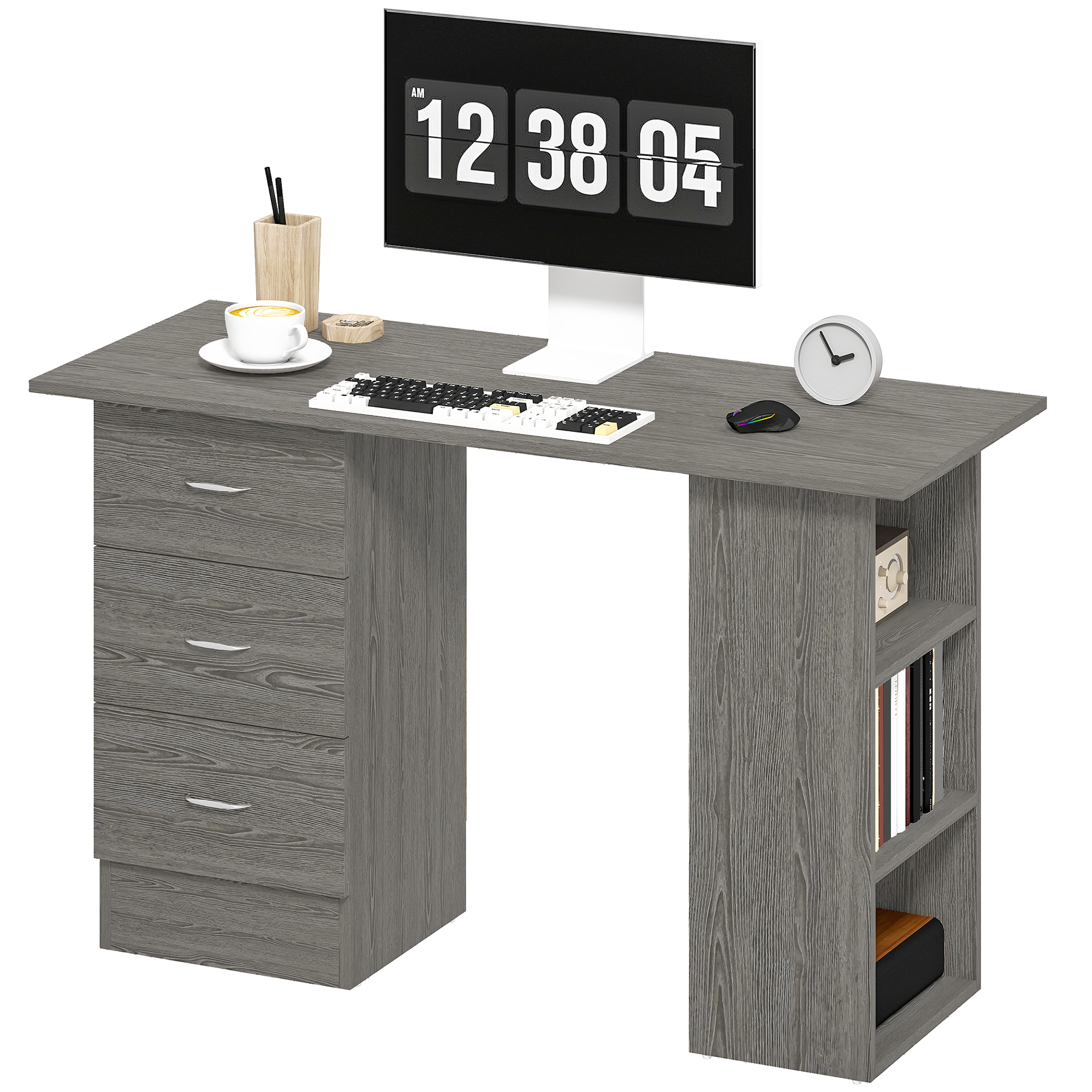 47" Study Surface with 3-Tier Shelves and 3 Reversible Drawers for Home Workspace, PC Work Table, Bedroom, Grey 1